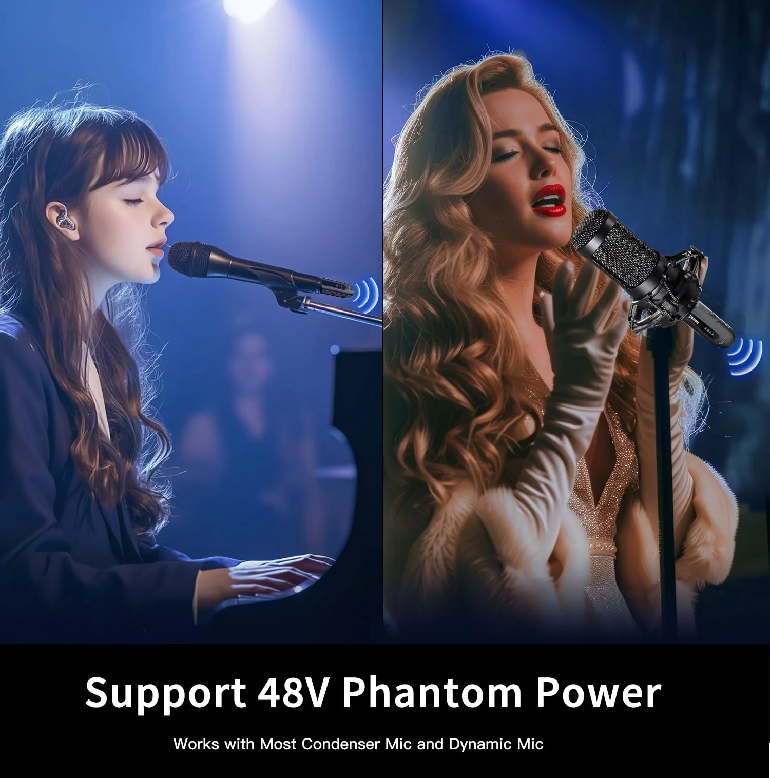 Wireless Microphone Transmitter Receiver 2.4GHz, Wireless Microphone Adapter Rechargeable XLR Transmitter Receiver for Mixer PA Speaker DSLR Camera, 48V Phantom Power for Condenser Mic Black - Image 2