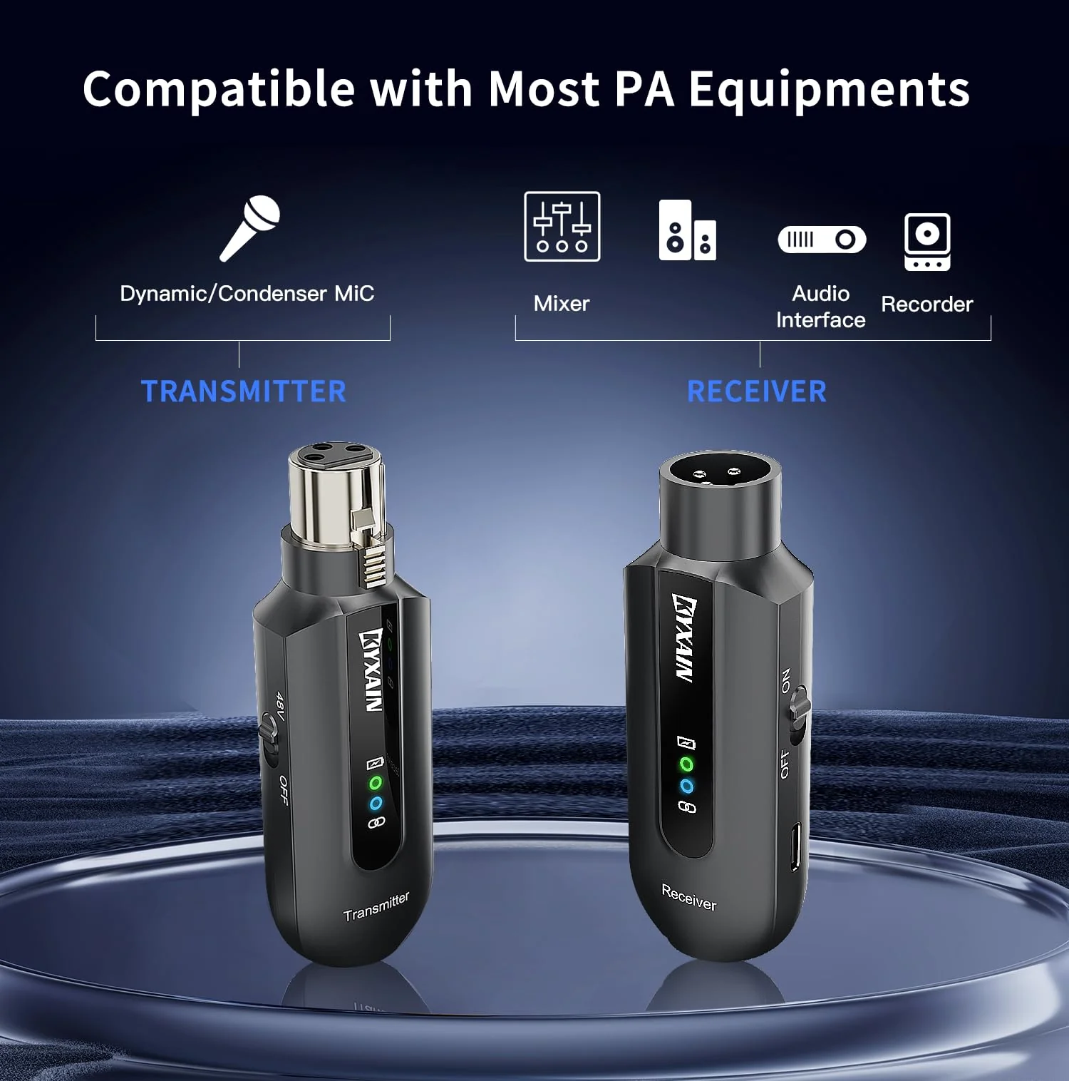 Wireless Microphone Transmitter Receiver 2.4GHz, Wireless Microphone Adapter Rechargeable XLR Transmitter Receiver for Mixer PA Speaker DSLR Camera, 48V Phantom Power for Condenser Mic Black - Image 6