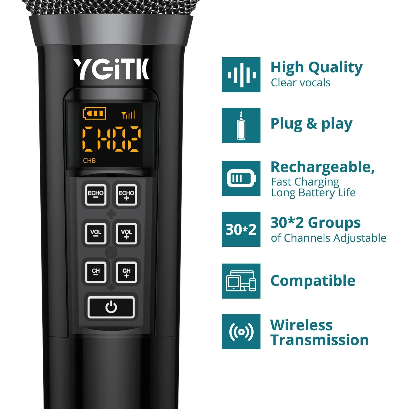 Wireless Microphone, UHF Metal Dual Handheld Cordless Dynamic Mic System with Rechargeable Receiver 2X30 Channels Wireless Microphones System ECHO Adjust 160ft Range for Singing, Wedding - Image 5