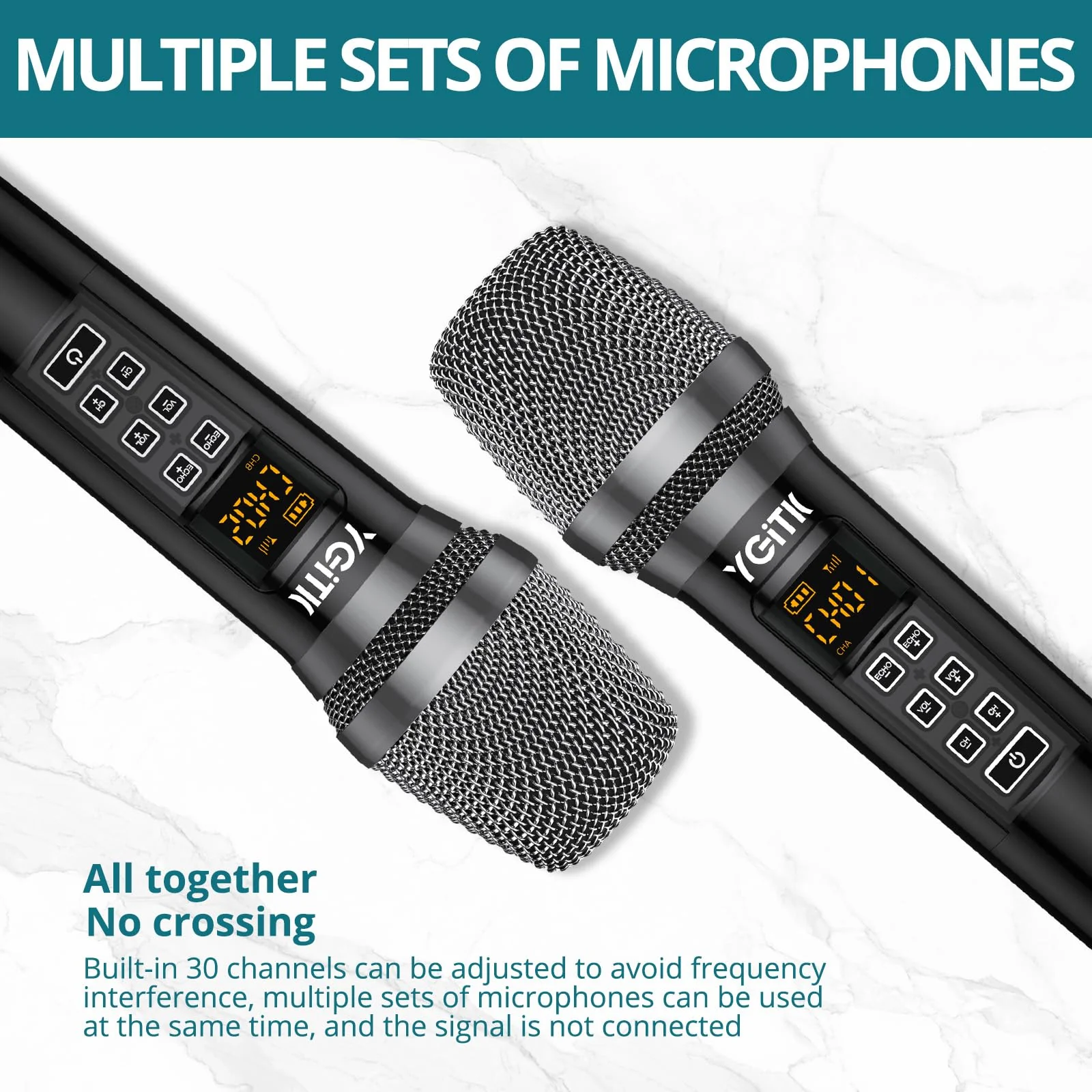Wireless Microphone, UHF Metal Dual Handheld Cordless Dynamic Mic System with Rechargeable Receiver 2X30 Channels Wireless Microphones System ECHO Adjust 160ft Range for Singing, Wedding - Image 6