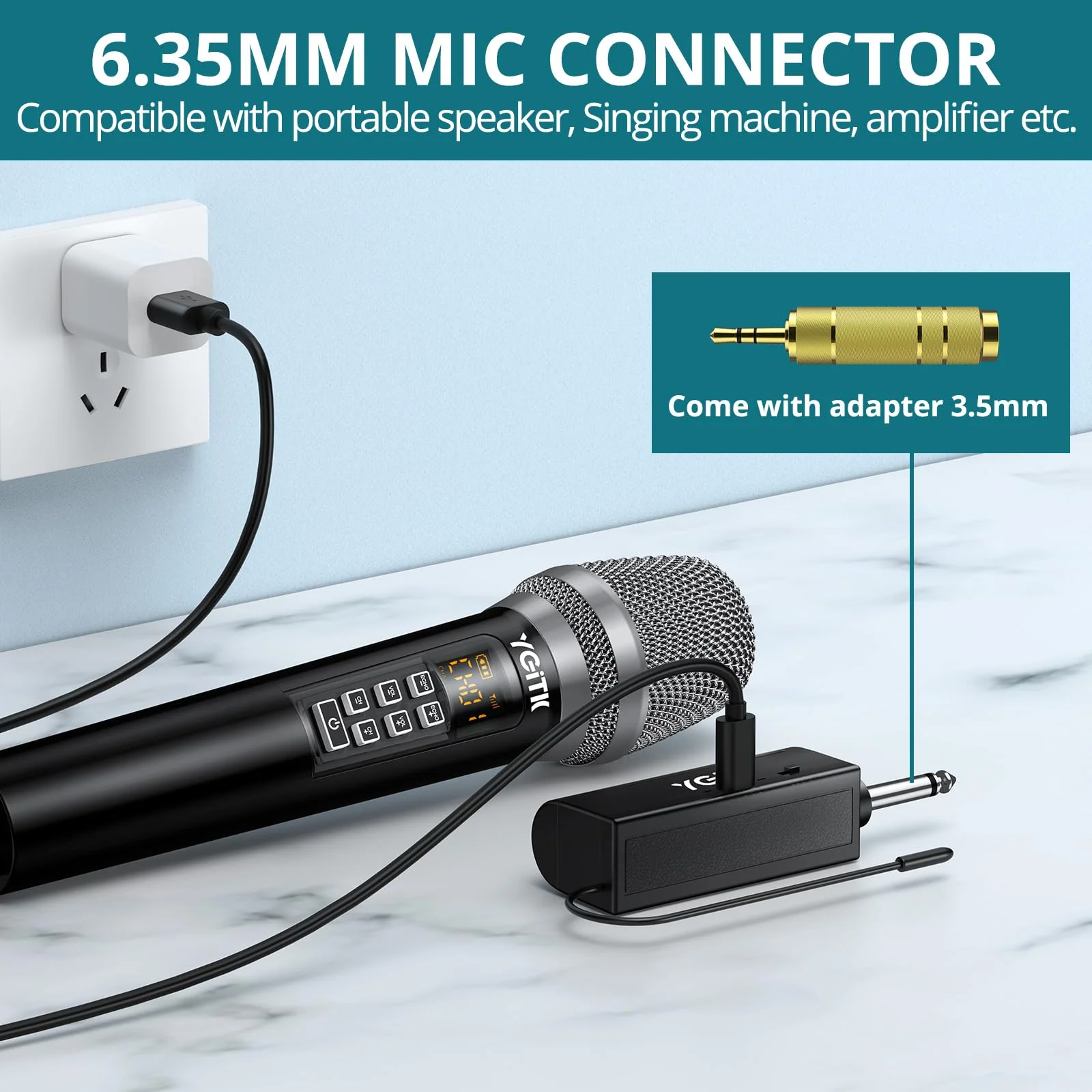 Wireless Microphone, UHF Metal Dual Handheld Cordless Dynamic Mic System with Rechargeable Receiver 2X30 Channels Wireless Microphones System ECHO Adjust 160ft Range for Singing, Wedding - Image 7