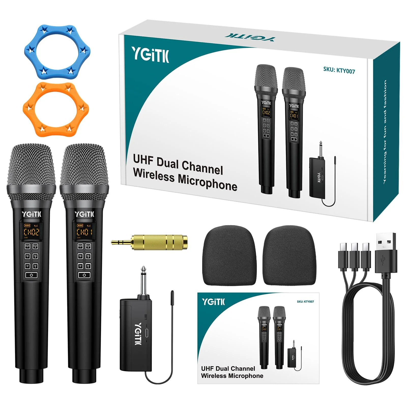 Wireless Microphone, UHF Metal Dual Handheld Cordless Dynamic Mic System with Rechargeable Receiver 2X30 Channels Wireless Microphones System ECHO Adjust 160ft Range for Singing, Wedding - Image 8