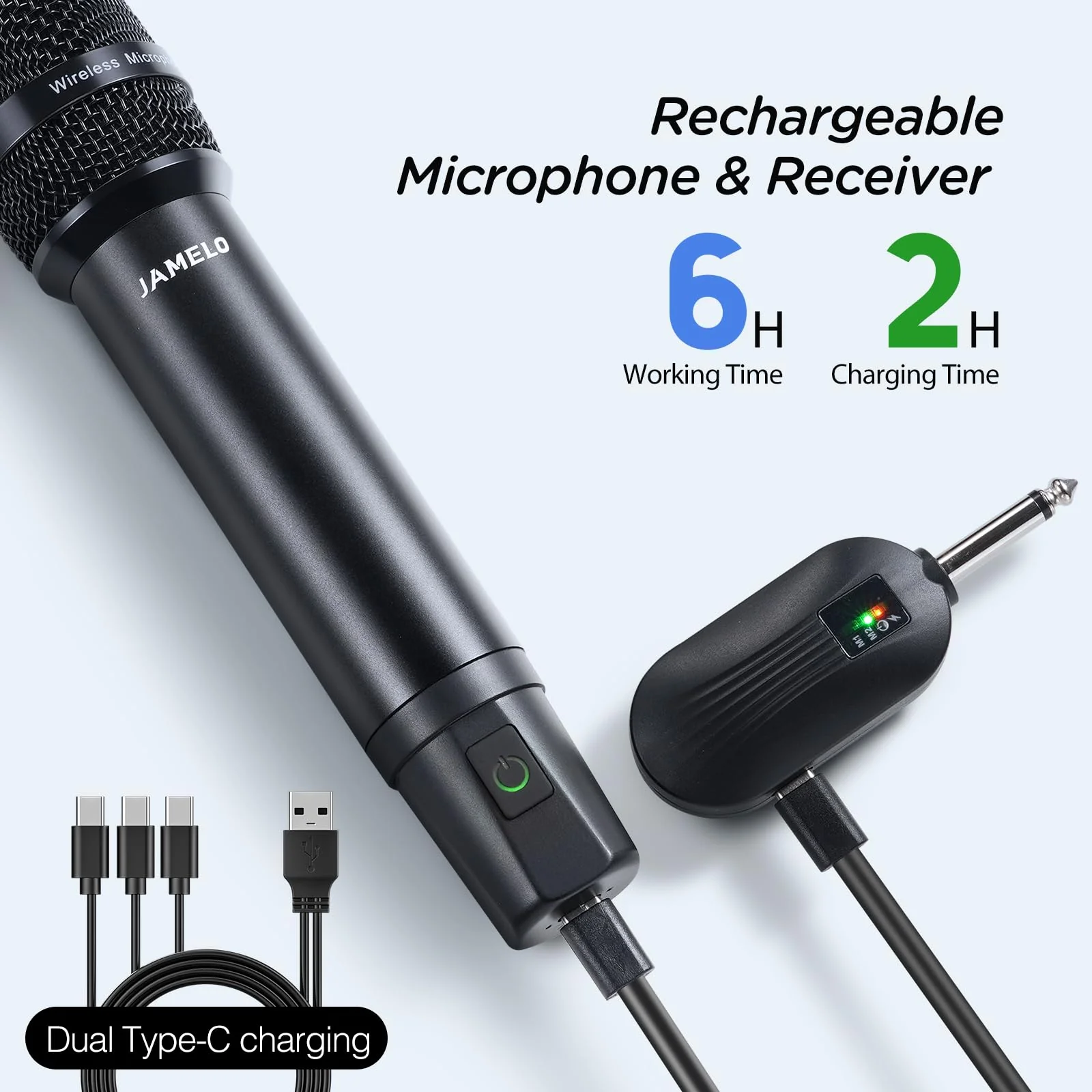 Wireless Microphones, 2.4 GHz Metal Rechargeable Wireless Mics with Dual Professional UHF Handheld Karaoke Microphone System with Receiver, Dynamic Mic for Church, Singing, Speech, Wedding, Party - Image 2