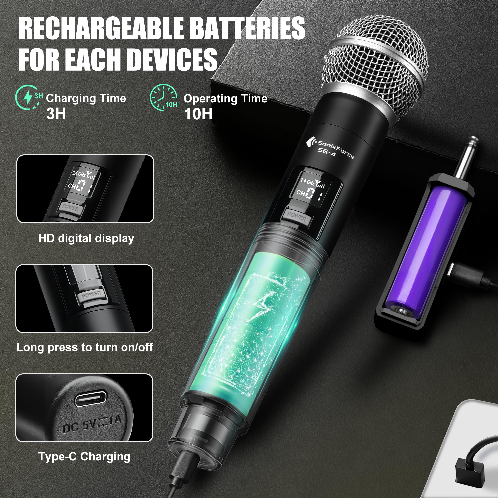 Wireless Microphones - Dual Rechargeable Handheld Mics with Receiver - 240ft Range - Karaoke Microphone for Singing, Speaking, Meeting and Events Silver - Image 5
