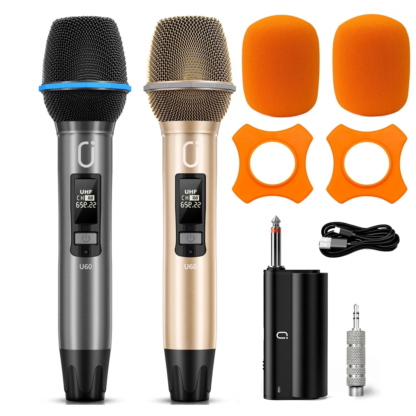 Wireless Microphones for Karaoke: Dual Professional Karaoke Microphone for Singing, Rechargeable Dynamic UHF Mic System with Receiver for Church, Party, Meeting, Speech, PA System, Plug and Play Gold & Gray - Image 9