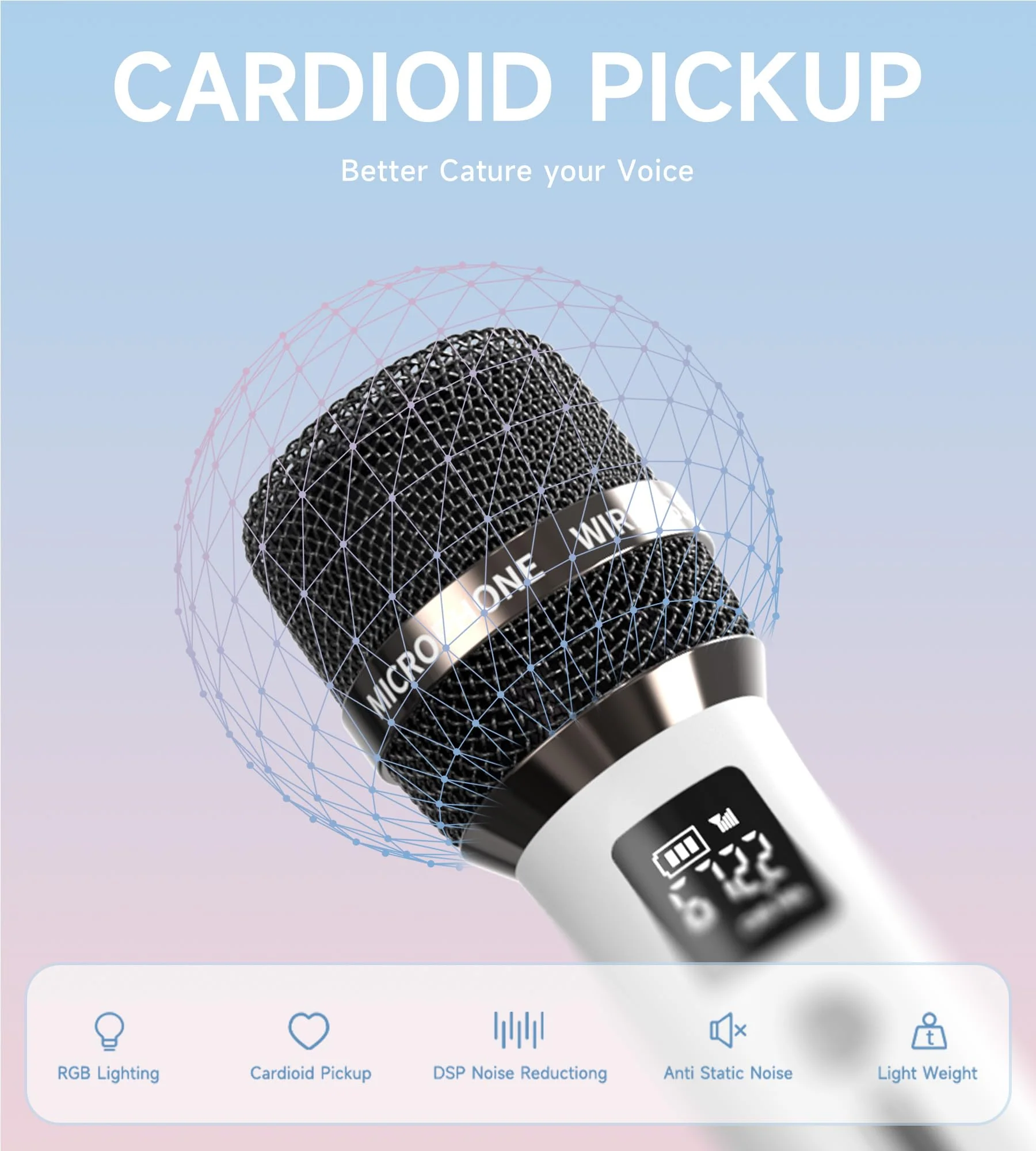 Wireless Microphones, Microphone with One-to-One Chip Connection and LED Lights, 40H Duration, 200FT Range Receiving, Volume Control Karaoke Microphone for Singing, Speech, Home Party, YouTube/TikTok White - Image 2