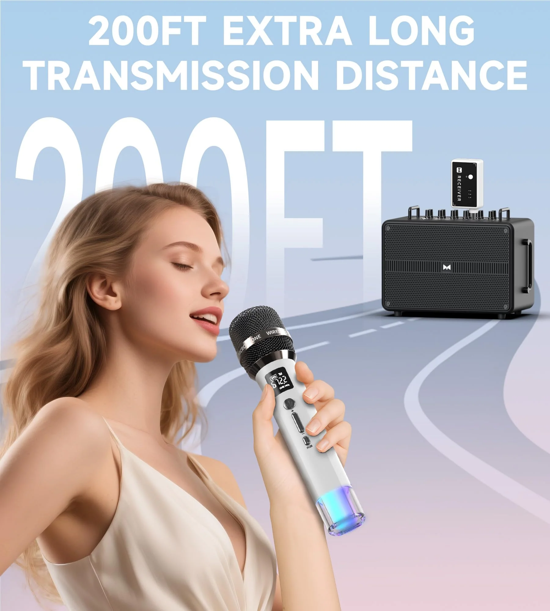 Wireless Microphones, Microphone with One-to-One Chip Connection and LED Lights, 40H Duration, 200FT Range Receiving, Volume Control Karaoke Microphone for Singing, Speech, Home Party, YouTube/TikTok White - Image 4