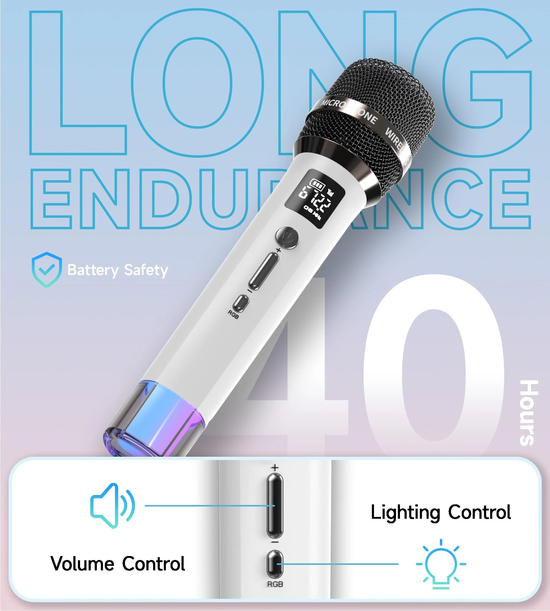 Wireless Microphones, Microphone with One-to-One Chip Connection and LED Lights, 40H Duration, 200FT Range Receiving, Volume Control Karaoke Microphone for Singing, Speech, Home Party, YouTube/TikTok White - Image 6