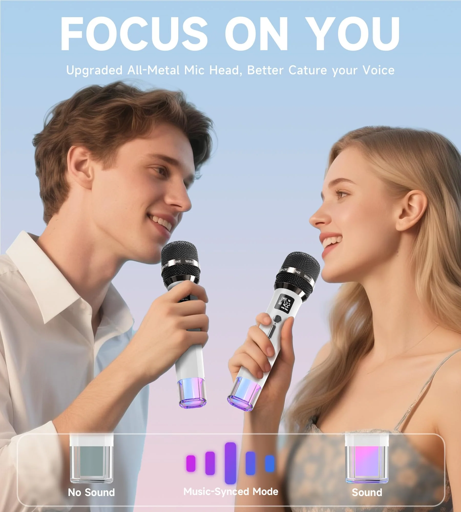 Wireless Microphones, Microphone with One-to-One Chip Connection and LED Lights, 40H Duration, 200FT Range Receiving, Volume Control Karaoke Microphone for Singing, Speech, Home Party, YouTube/TikTok White - Image 7