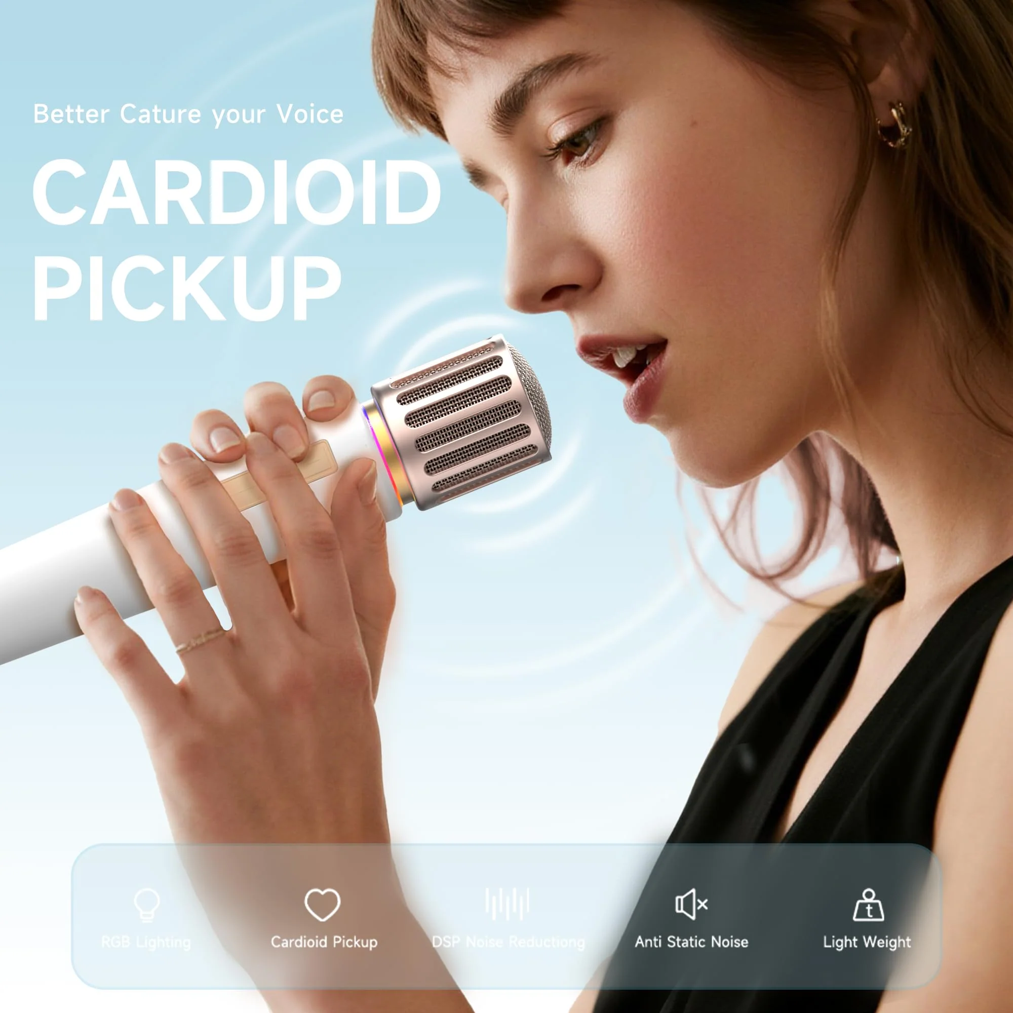 Wireless Microphones, Microphone with One-to-One Chip Connection, Controllable LED Lights, 40H Duration, 200FT Range Free Sing, Volume Control Microphone for Singing, Speech, Home Party, Youtube White - Image 4