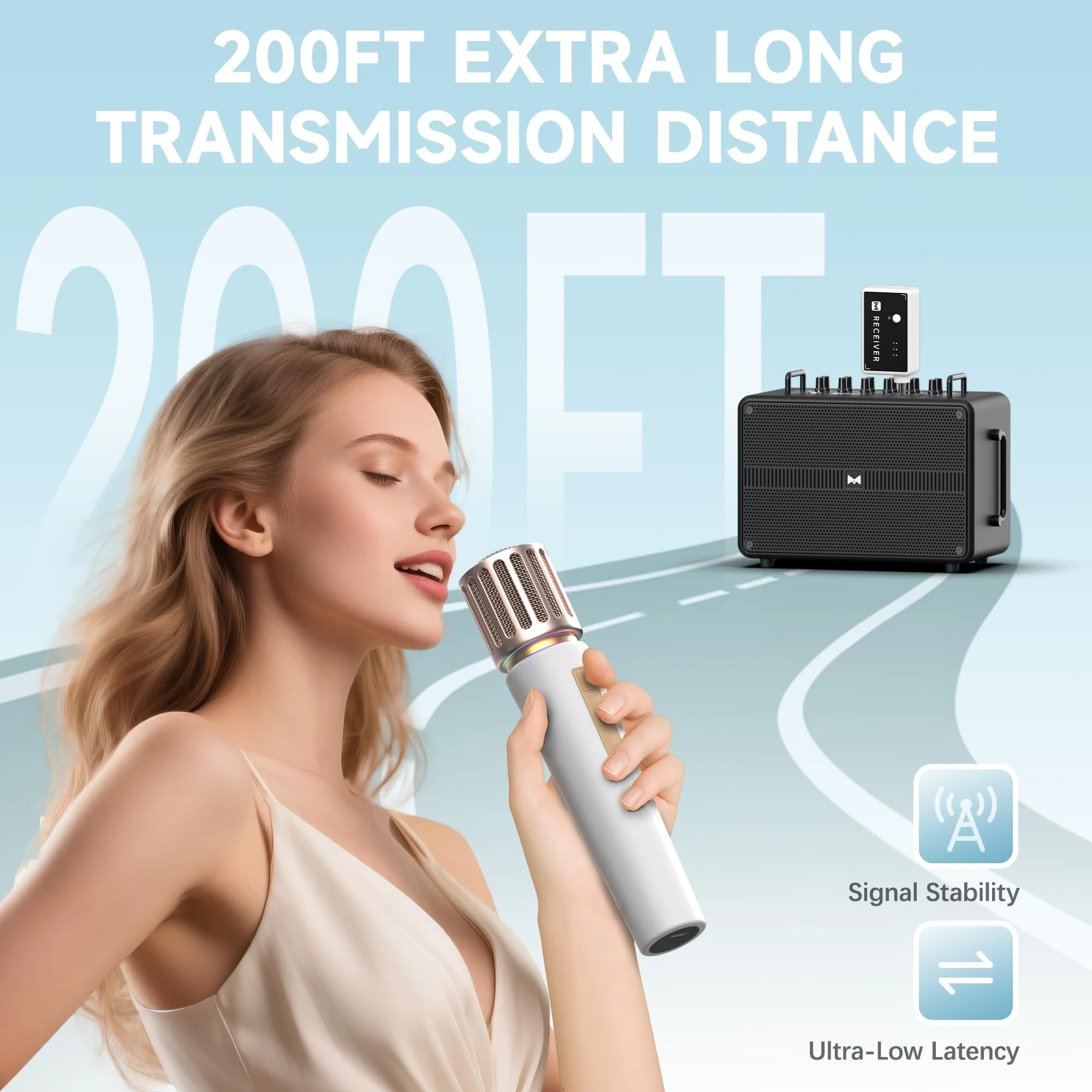 Wireless Microphones, Microphone with One-to-One Chip Connection, Controllable LED Lights, 40H Duration, 200FT Range Free Sing, Volume Control Microphone for Singing, Speech, Home Party, Youtube White - Image 5