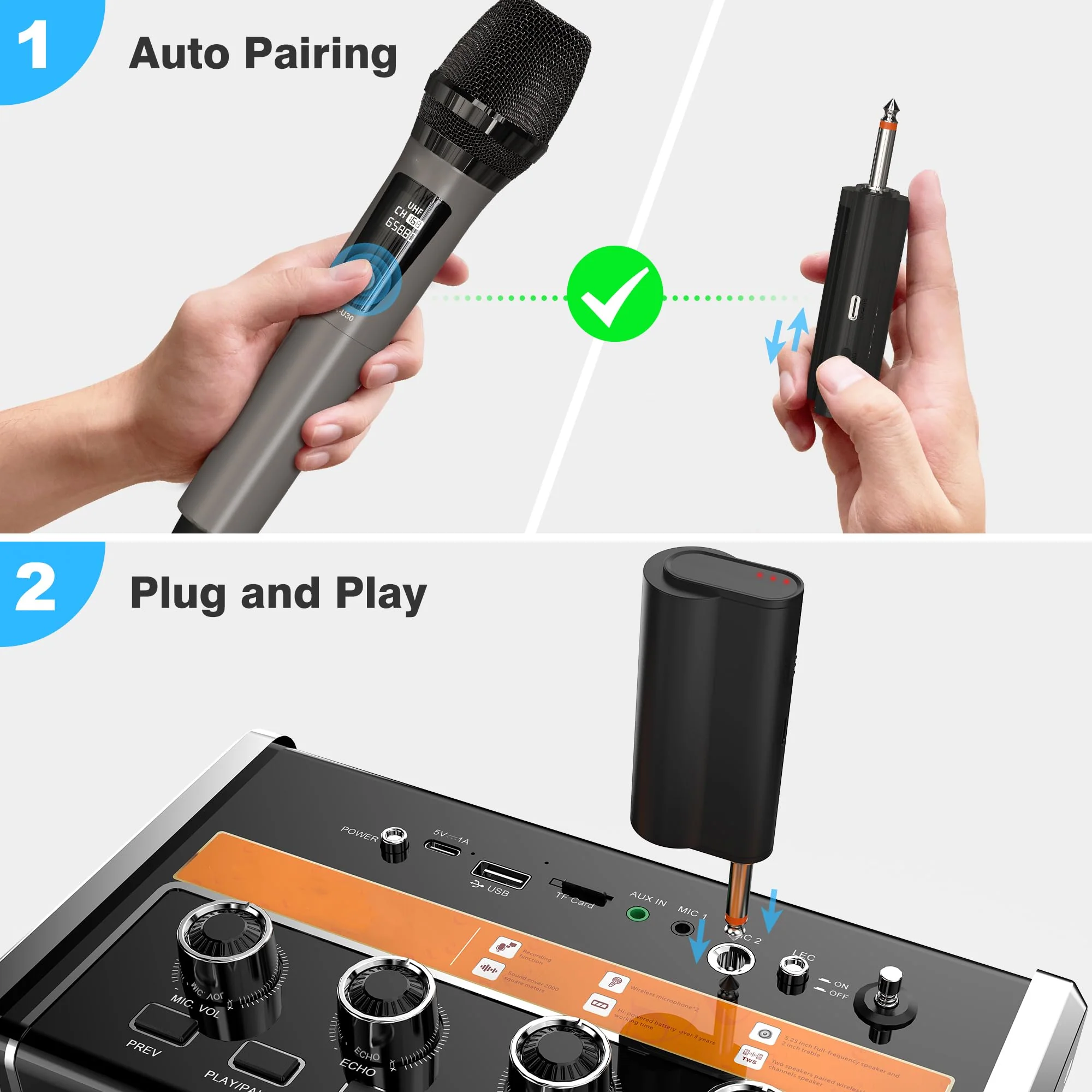 Wireless Microphones, Professional Dual Karaoke Microphones, Wireless Dynamic Microphone System Set with Rechargeable Receiver for Home Party, Speech, Wedding, Church, PA System Red - Image 6
