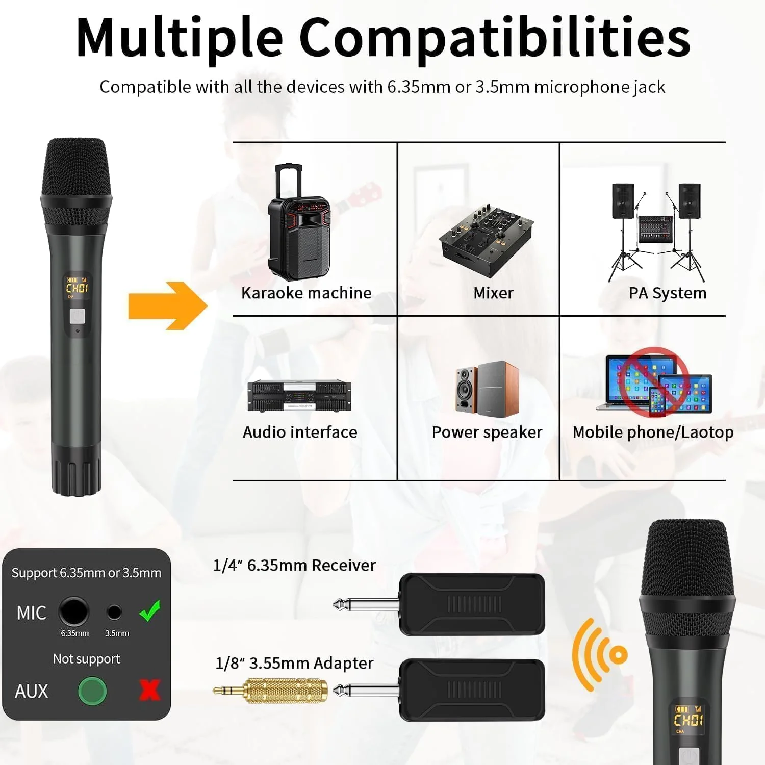 Wireless Microphones, Professional UHF Metal Dual Handheld Cordless Dynamic Mic System with Rechargeable Receiver, 1/4" Output, 160ft Range, Auto Connect for Karaoke, Party Singing, Church, Speech, DJ Red&Gray - Image 3