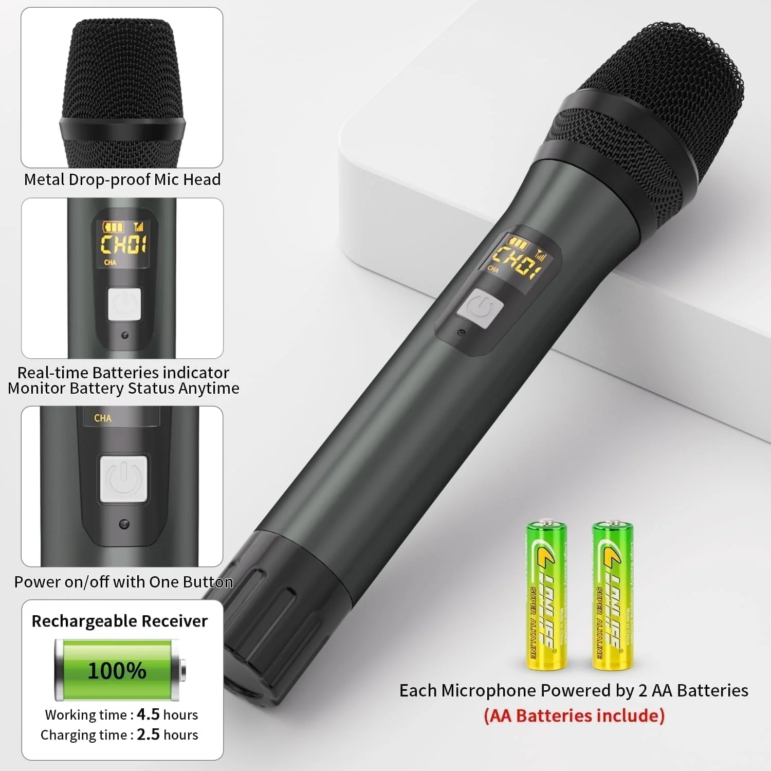 Wireless Microphones, Professional UHF Metal Dual Handheld Cordless Dynamic Mic System with Rechargeable Receiver, 1/4" Output, 160ft Range, Auto Connect for Karaoke, Party Singing, Church, Speech, DJ Red&Gray - Image 5