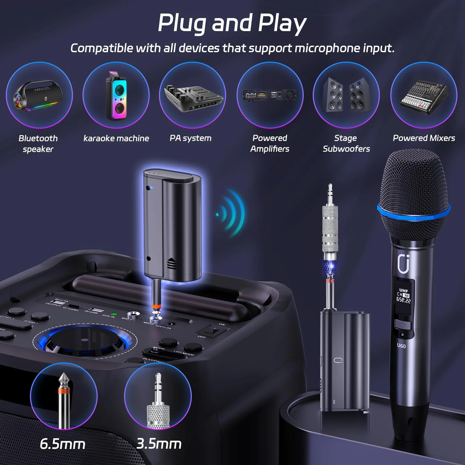 Wireless Microphones, Two UHF Microphones for Karaoke Singing, Rechargeable Dynamic Mic System with Receiver for Church, Party, Meeting, Speech, PA System, Plug and Play 20W - Image 7