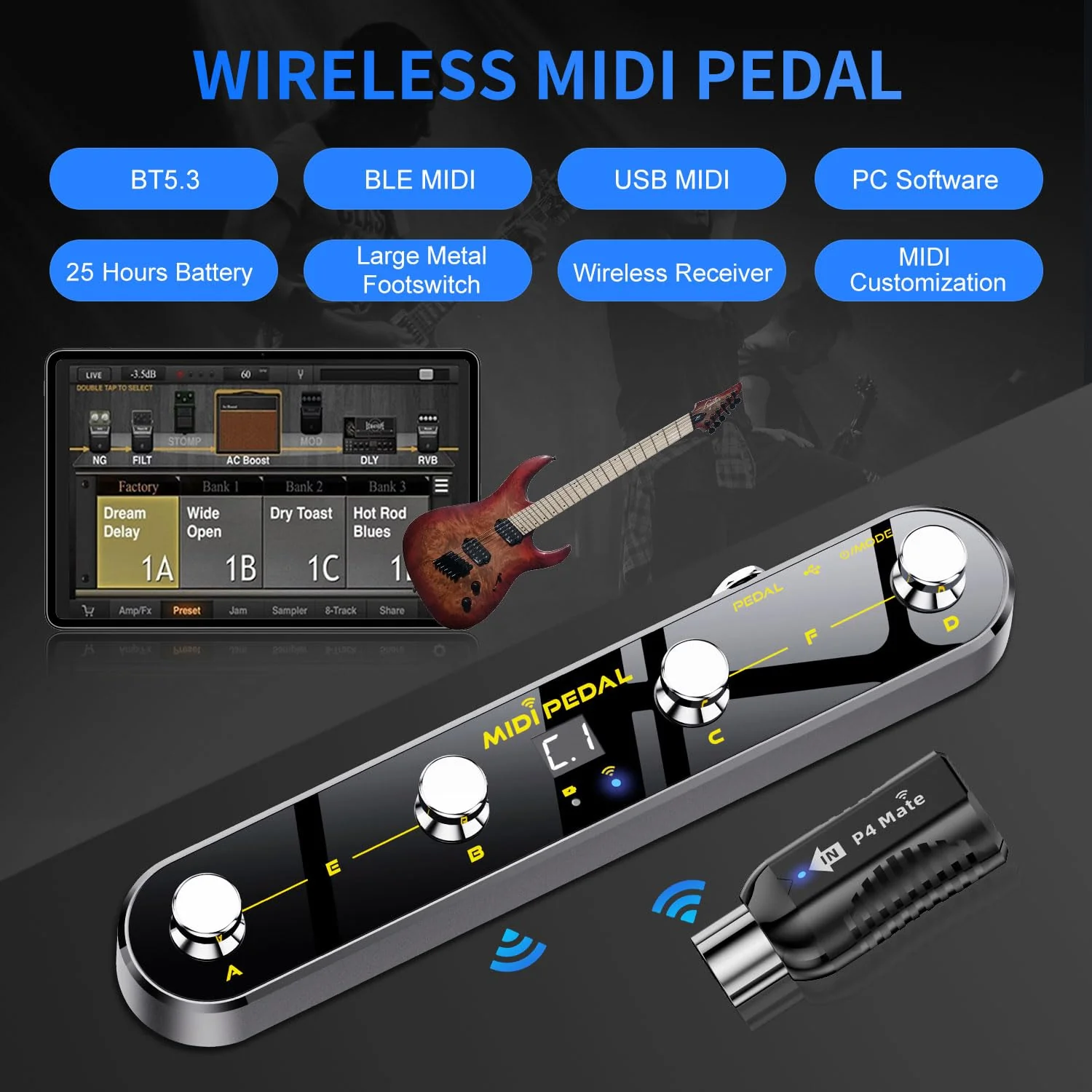 Wireless MIDI Foot Controller Pedal with Mate MIDI Receiver, 4 Customizable Footswitches, Expression Pedal, Bluetooth & USB MIDI, PC App Programmable, 5 Modes - Works with DAWs, Synths, FX Units - Image 2
