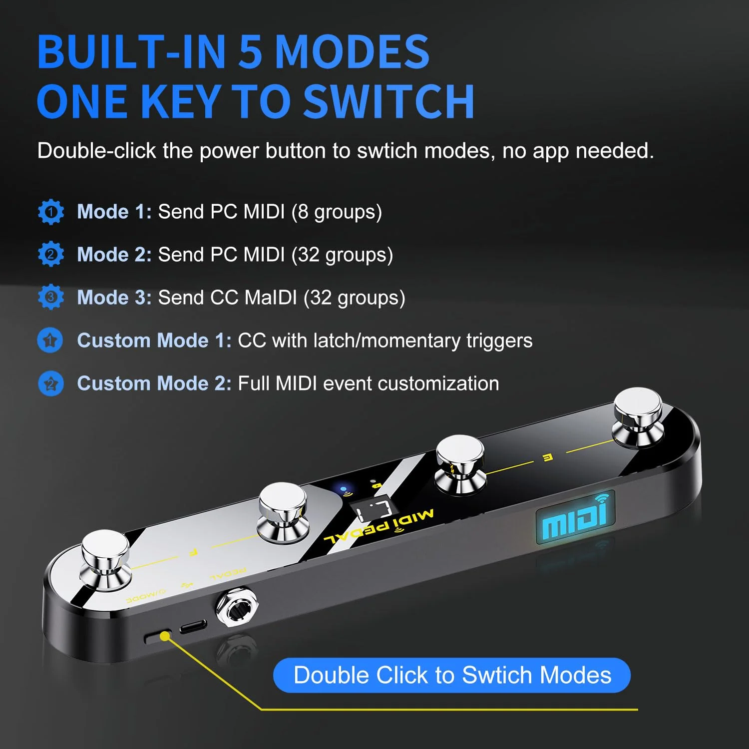 Wireless MIDI Foot Controller Pedal with Mate MIDI Receiver, 4 Customizable Footswitches, Expression Pedal, Bluetooth & USB MIDI, PC App Programmable, 5 Modes - Works with DAWs, Synths, FX Units - Image 3