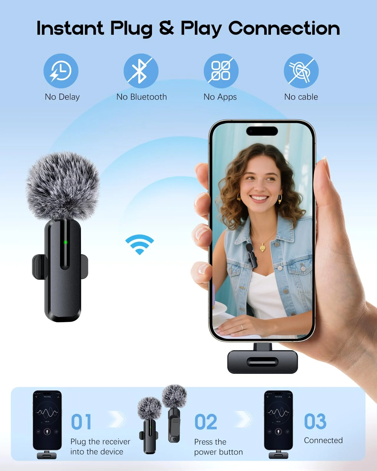 Wireless Mini Microphone for iPhone - 2 Pack Lavalier Bluetooth Microphone for Video Recording, 2 in 1 Noise Reduction Lapel Mic for Ipad, Android,Clip-on Mini Mic for Content Creators Podcast Black-(USB-C + Lightning) - Image 6