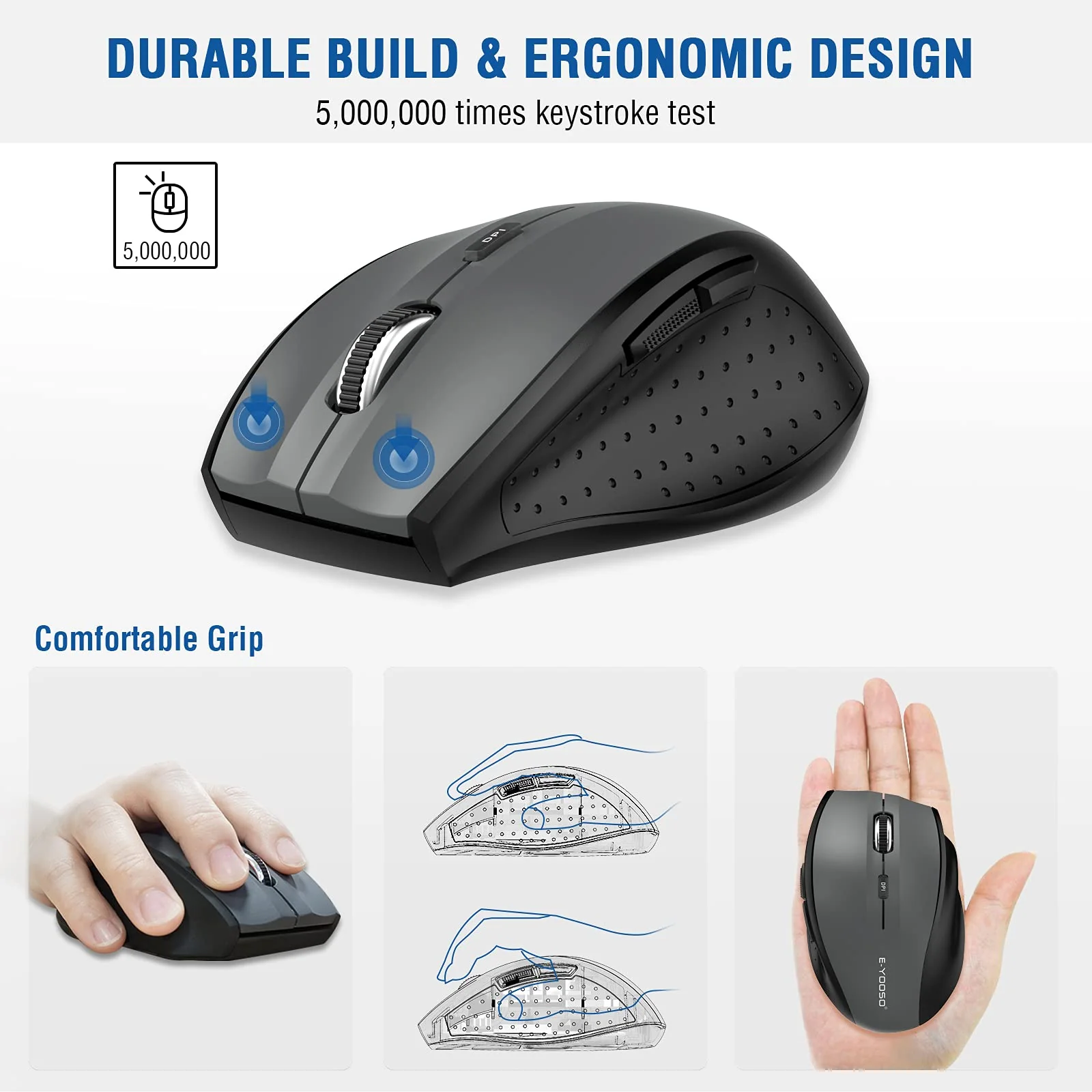 Wireless Mouse, E-YOOSO Computer Mouse 5 Adjustable DPI 6 Buttons Cordless Mouse Wireless Optical Mice with USB Nano Receiver, 2.4G Portable Ergonomic Wireless Mouse for Laptop/Windows/Mac/Office PC Grey - Image 4