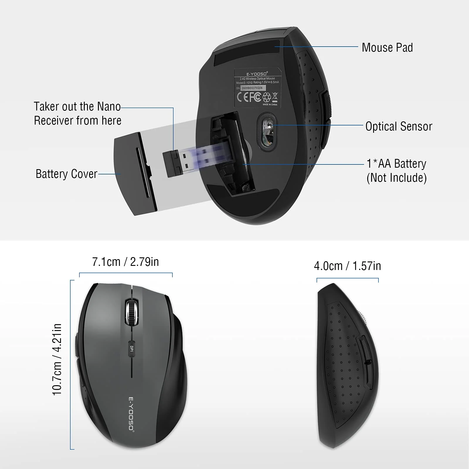 Wireless Mouse, E-YOOSO Computer Mouse 5 Adjustable DPI 6 Buttons Cordless Mouse Wireless Optical Mice with USB Nano Receiver, 2.4G Portable Ergonomic Wireless Mouse for Laptop/Windows/Mac/Office PC Grey - Image 6