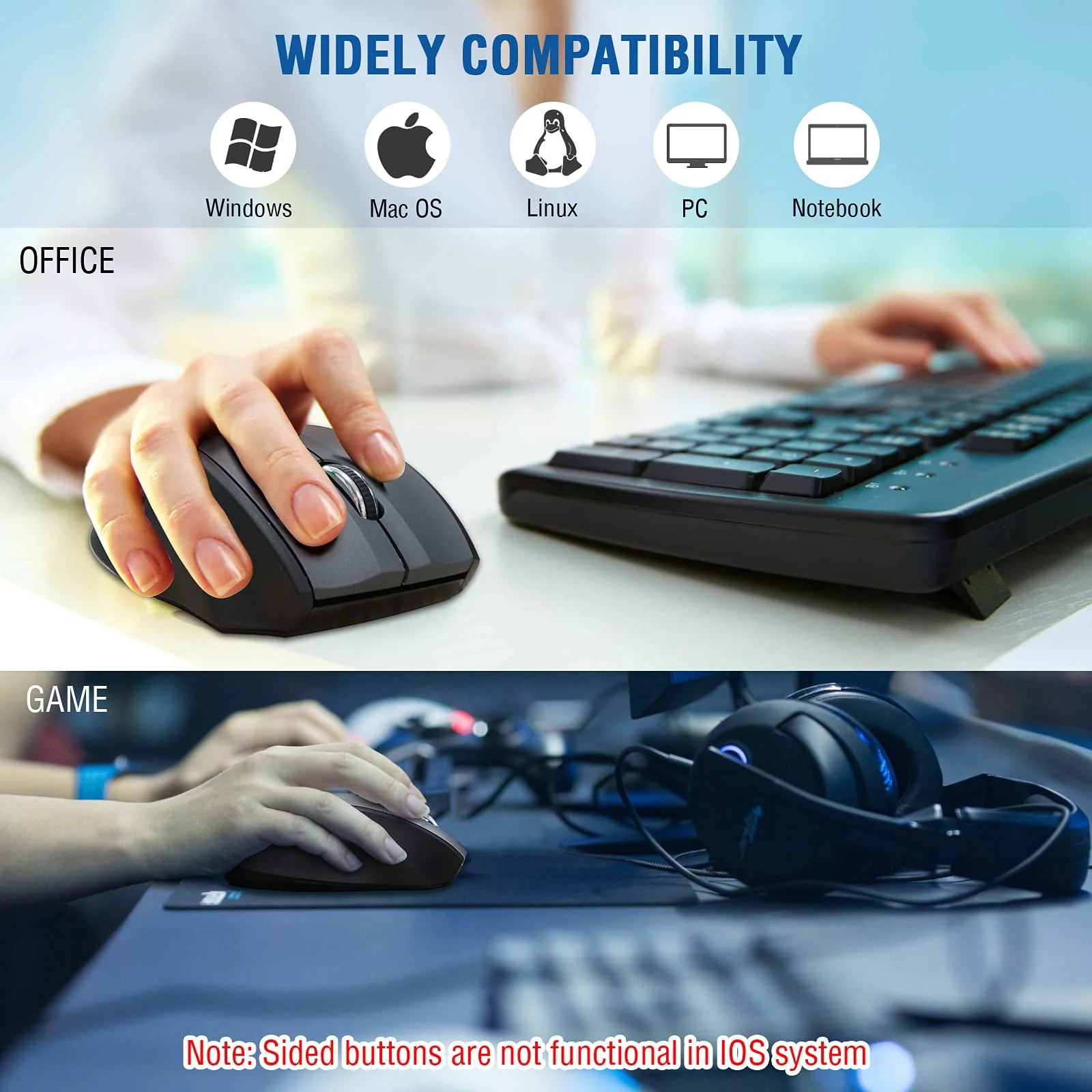 Wireless Mouse, E-YOOSO Computer Mouse 5 Adjustable DPI 6 Buttons Cordless Mouse Wireless Optical Mice with USB Nano Receiver, 2.4G Portable Ergonomic Wireless Mouse for Laptop/Windows/Mac/Office PC Grey - Image 7