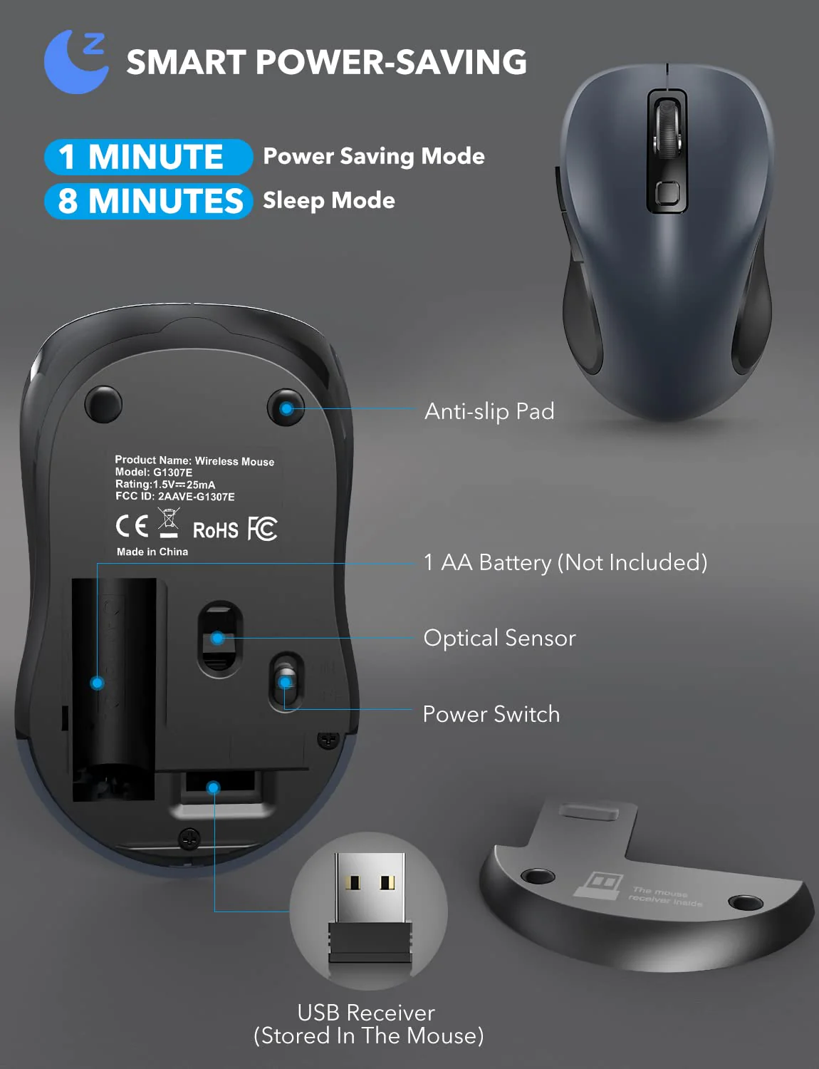 Wireless Mouse for Laptop, Trueque 2.4G Ergonomic Computer Mouse with 3 Adjustable DPI Levels, Page Up & Down Buttons, USB Mouse for Chromebook, PC, Desktop, Notebook, MacBook (Grey) Grey - Image 6