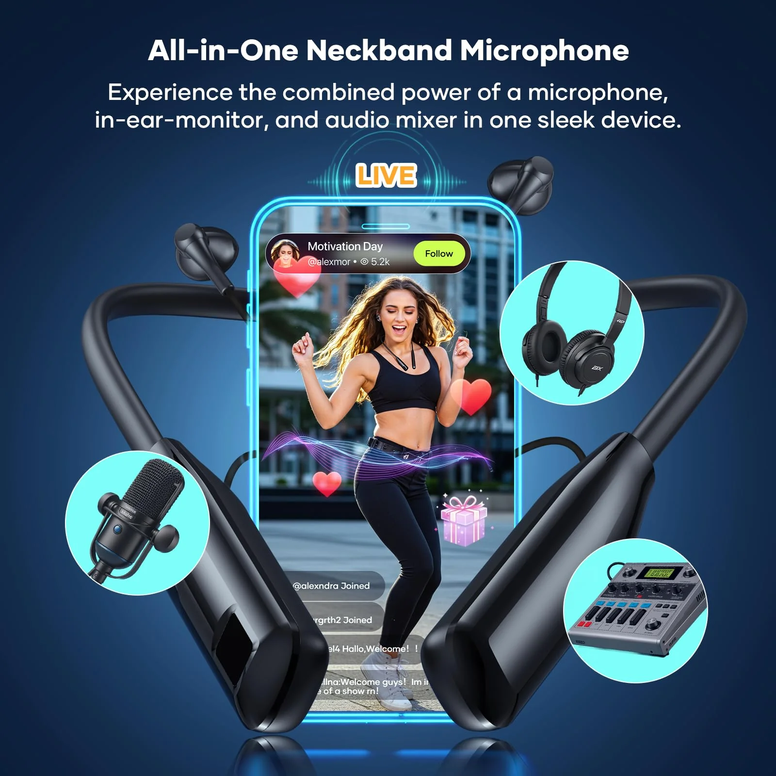 Wireless Neckband Microphone Headset Kit with in-Ear Monitor, Remote Audio Mixer, Bluetooth Music, Voice Changer, All-in-One for Streaming & Podcasting, Compatible with iPhone & Android - Image 2