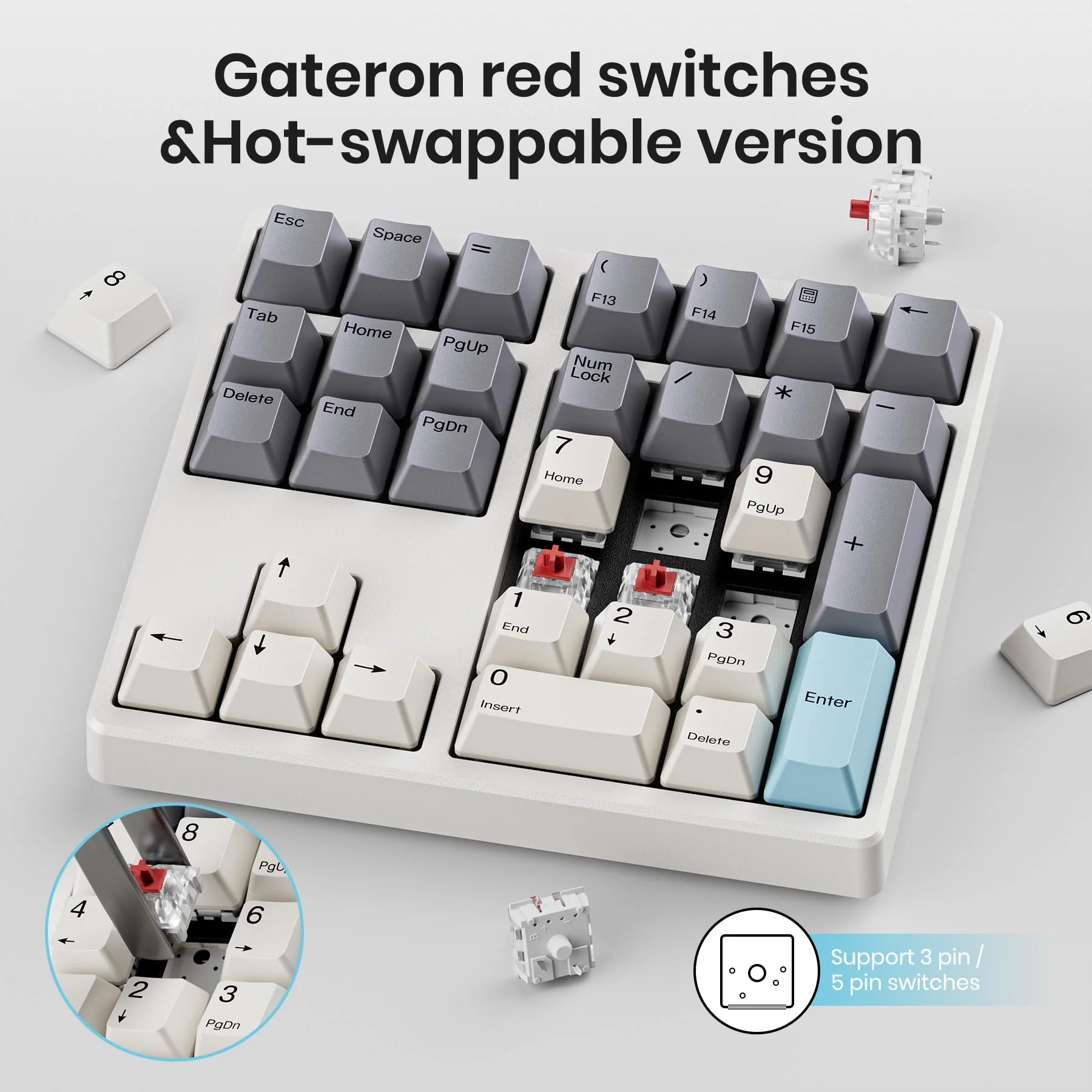 Wireless Number Pad, 34 Key 2.4GHz Rechargeable Mechanical Numpad,Gateron Red Switches Hot Swappable Numeric Keypad with PBT Keycaps for Laptop, Mac, PC Desktop - Image 4