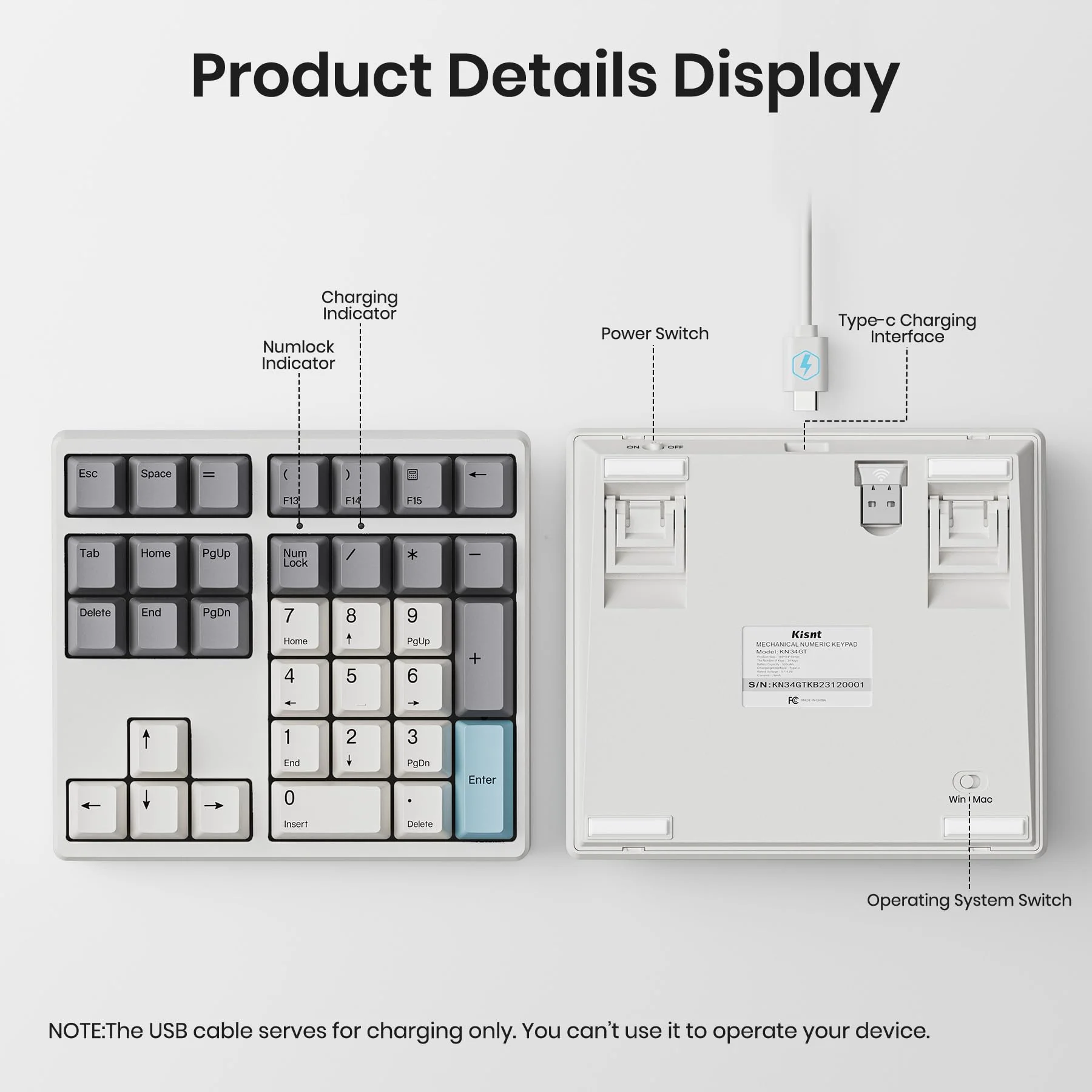 Wireless Number Pad, 34 Key 2.4GHz Rechargeable Mechanical Numpad,Gateron Red Switches Hot Swappable Numeric Keypad with PBT Keycaps for Laptop, Mac, PC Desktop - Image 6
