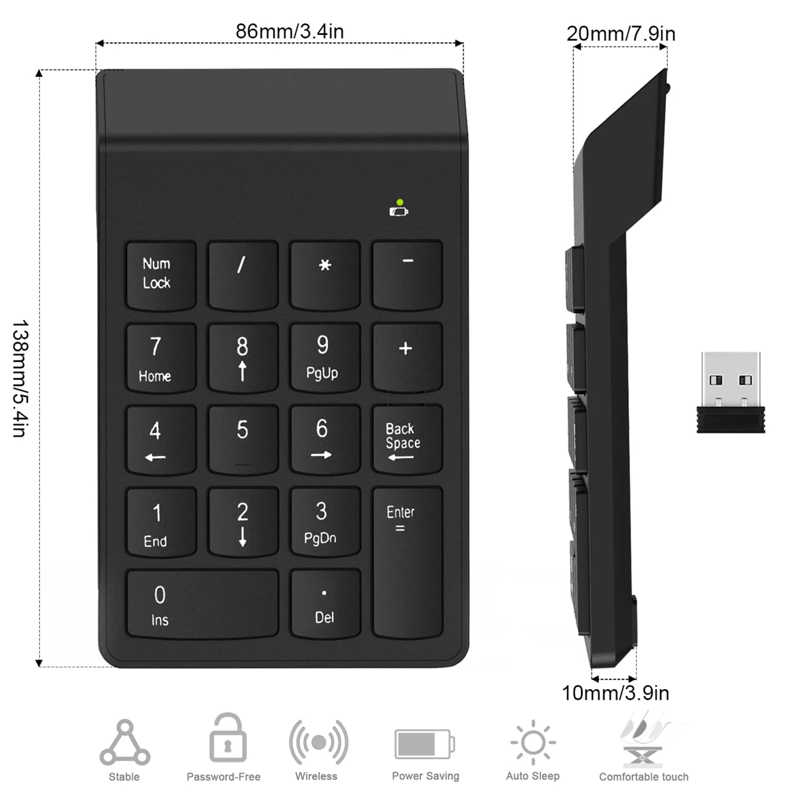 Wireless Number Pad, Numeric Keypad Numpad Keyboard 10 Key USB Keypad Office Accounting Essentials Desktop Computer Laptops Accessories Compatible Chromebook NoteBook EliteBook MateBook etc. Onyx - Image 6