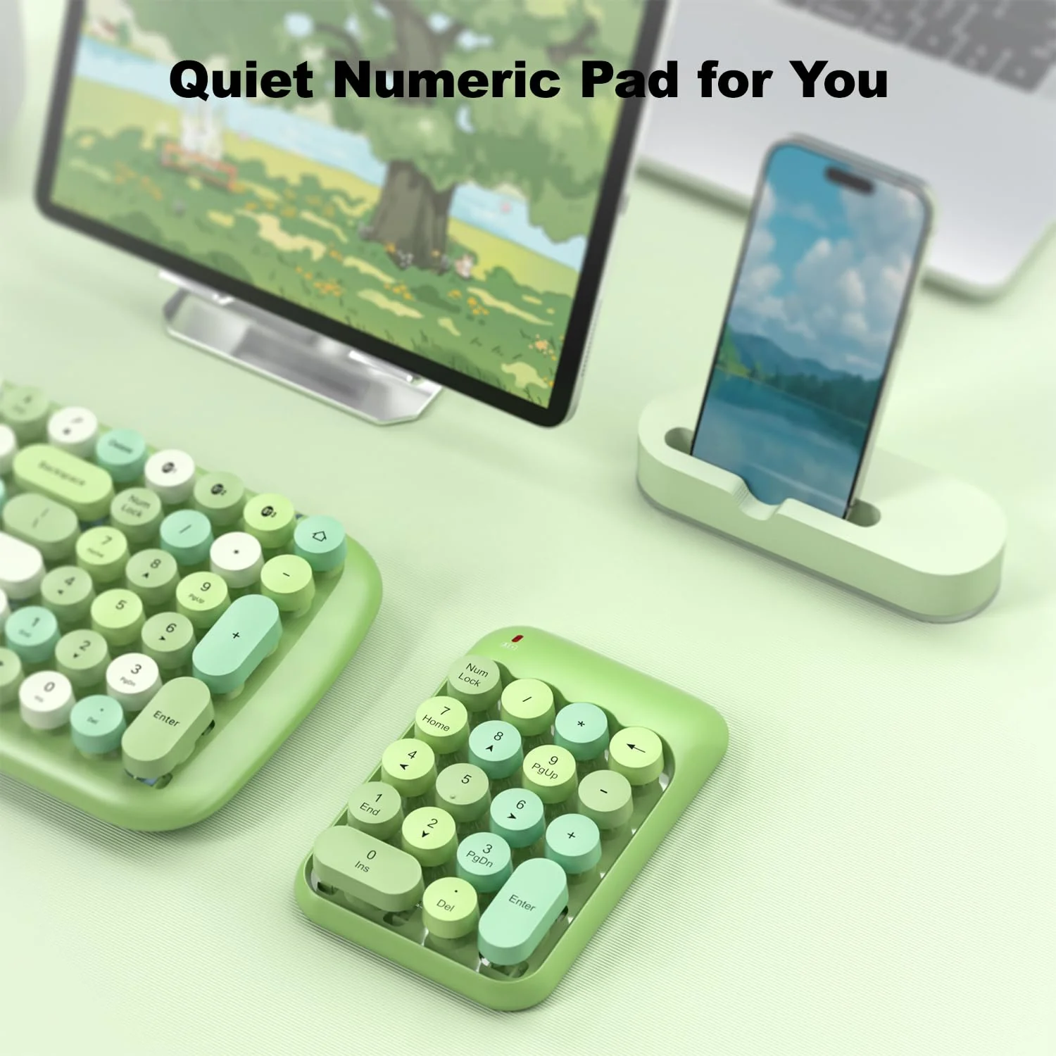 Wireless Number Pads, Cute Colorful Numeric Keypad Numpad Portable 2.4 GHz Financial Accounting Number Keyboard Extensions, 18 Key Number Numpad for Laptop Desktop, PC (Green) Milk Tea - Image 7