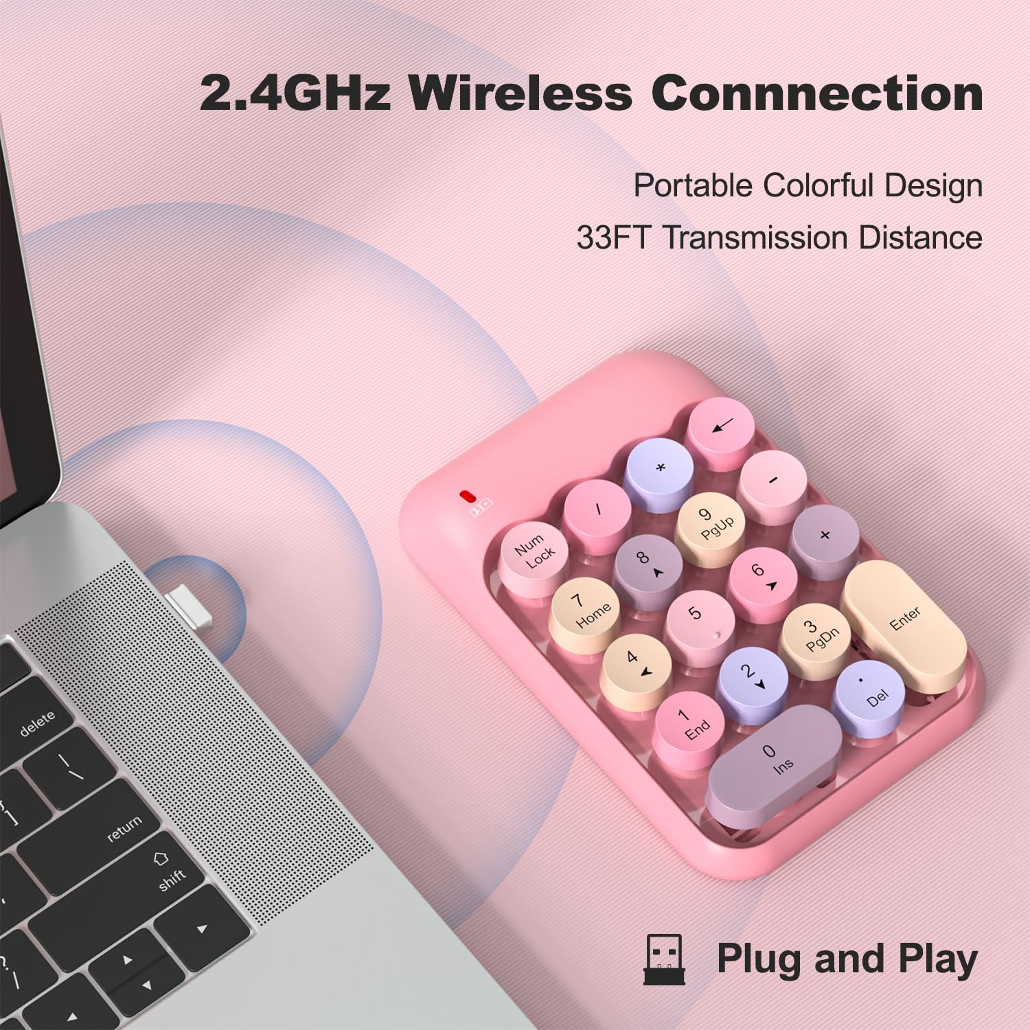 Wireless Number Pads, Cute Colorful Numeric Keypad Numpad Portable 2.4 GHz Financial Accounting Number Keyboard Extensions, 18 Key Number Numpad for Laptop Desktop, PC (Pink) Pink - Image 2