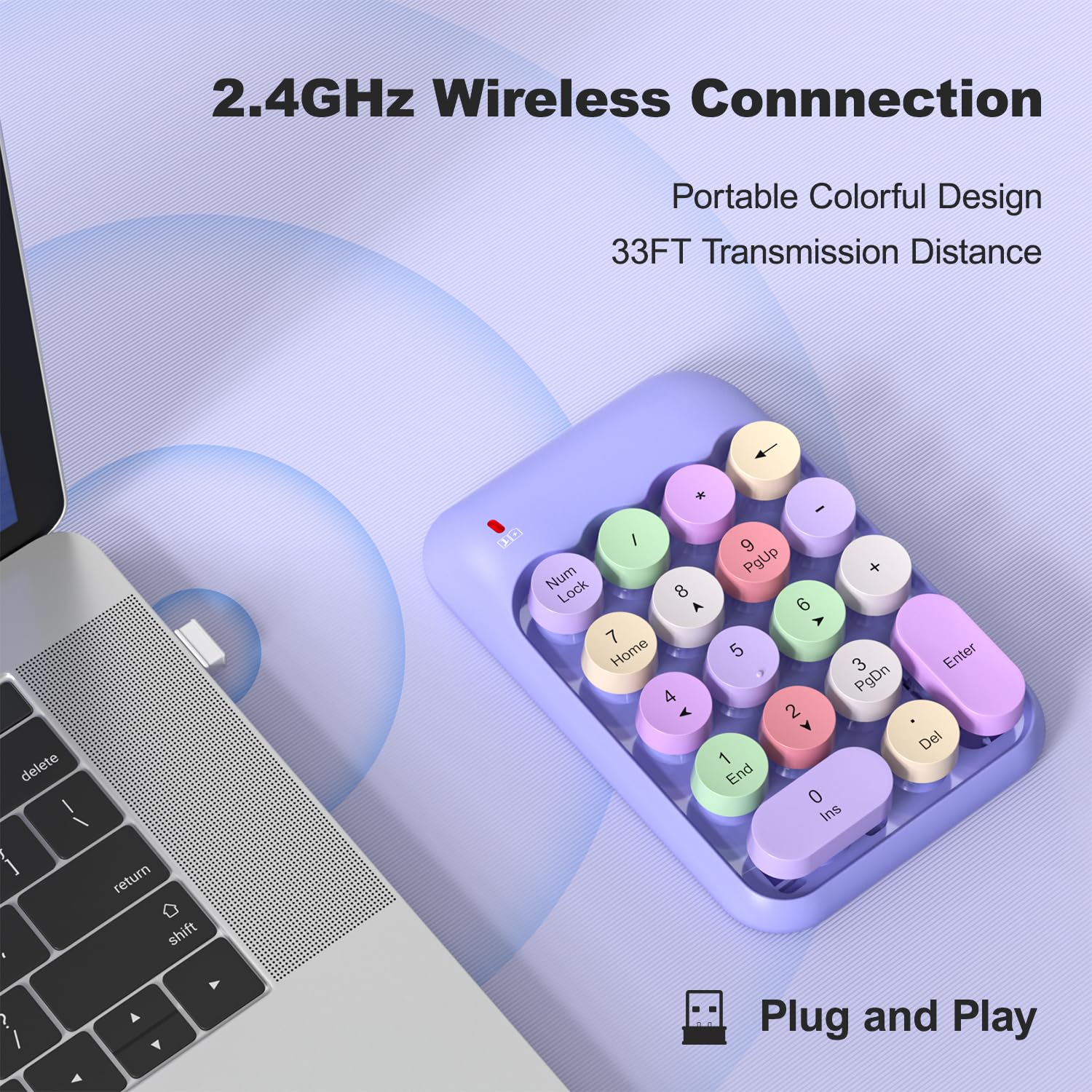 Wireless Number Pads, Cute Colorful Numeric Keypad Numpad Portable 2.4 GHz Financial Accounting Number Keyboard Extensions, 18 Key Number Numpad for Laptop Desktop, PC (Purple) Purple - Image 2