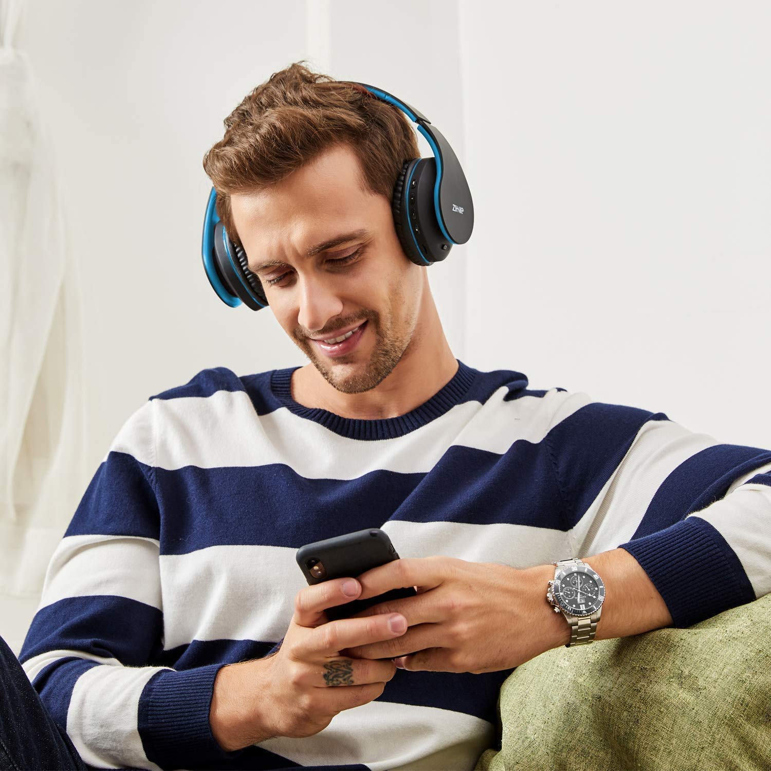 Wireless Over-Ear Headset with Deep Bass, Bluetooth and Wired Stereo Headphones Buit in Mic for Cell Phone, TV, PC,Soft Earmuffs &Light Weight for Prolonged Wearing by Zihnic (Black/Blue) Black Blue - Image 3