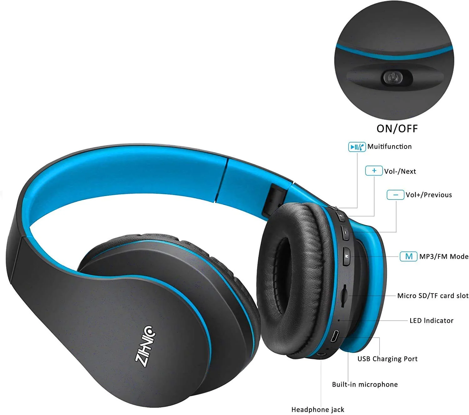 Wireless Over-Ear Headset with Deep Bass, Bluetooth and Wired Stereo Headphones Buit in Mic for Cell Phone, TV, PC,Soft Earmuffs &Light Weight for Prolonged Wearing by Zihnic (Black/Blue) Black Blue - Image 5