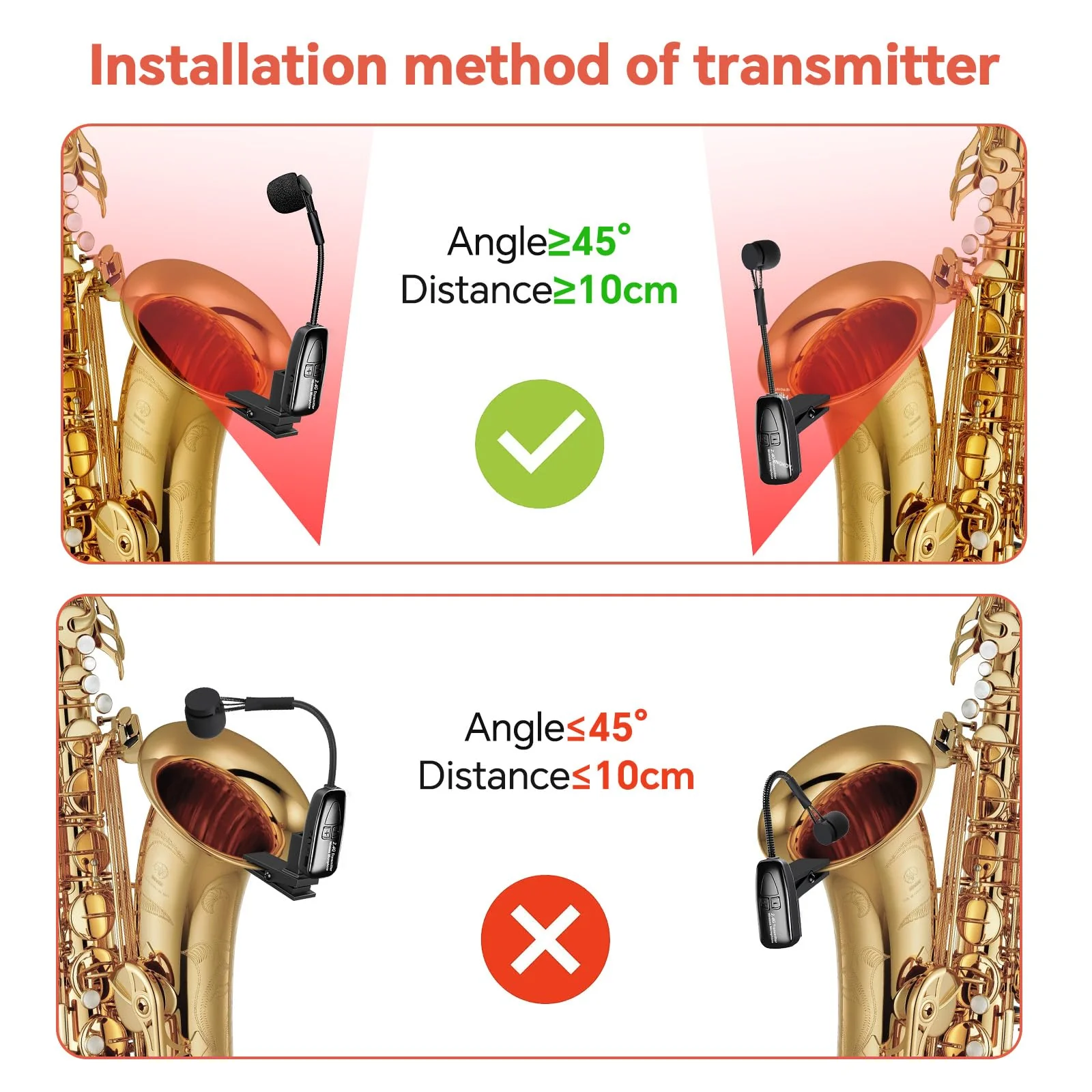 Wireless Saxophone Microphone, 2.4G Clip Instruments Mic, Rechargeable Transmitter and Receiver, 100ft Range, Great for Sax, Trumpet, Tuba, Trombone, Cornet, FrenchHorn - Image 3