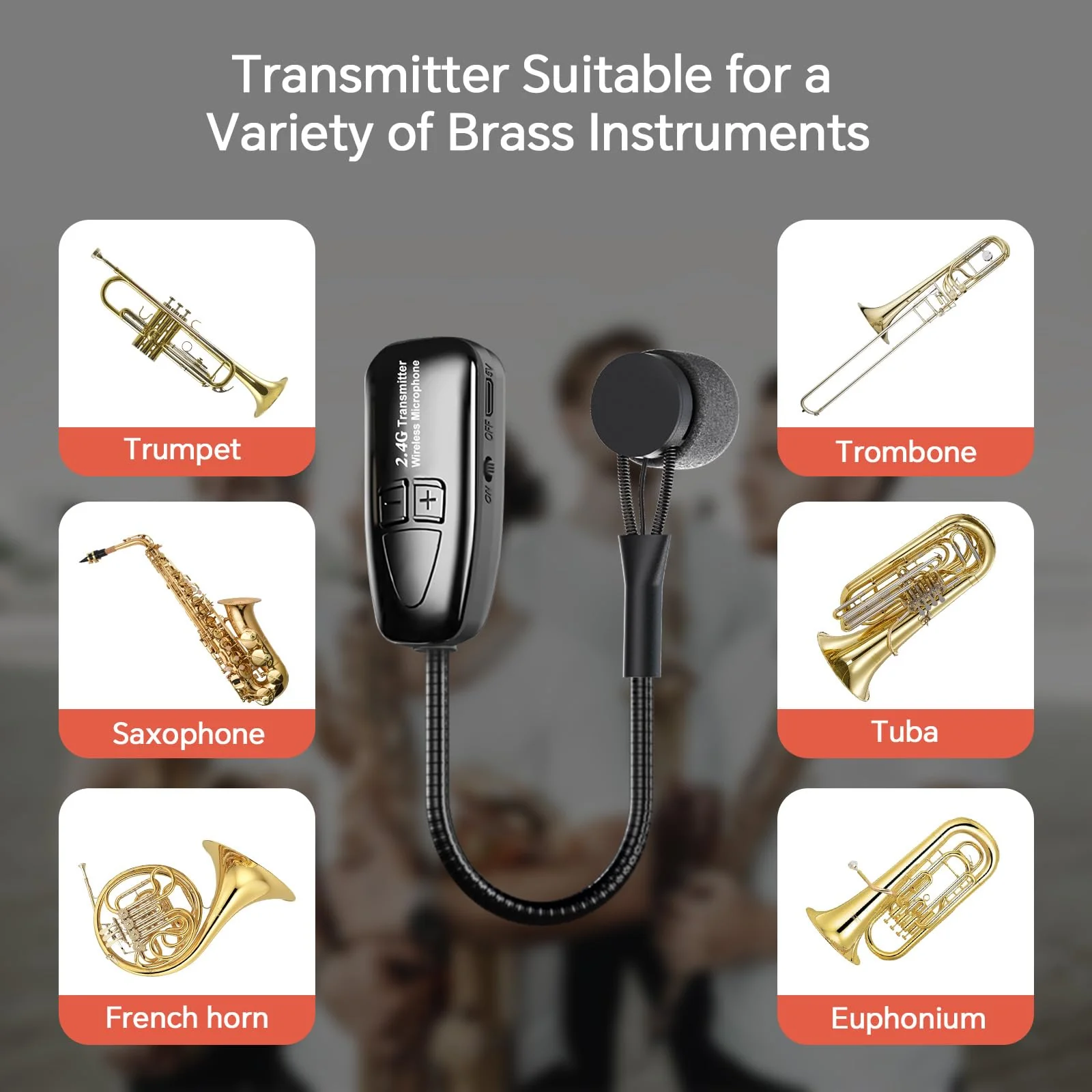 Wireless Saxophone Microphone, 2.4G Clip Instruments Mic, Rechargeable Transmitter and Receiver, 100ft Range, Great for Sax, Trumpet, Tuba, Trombone, Cornet, FrenchHorn - Image 4