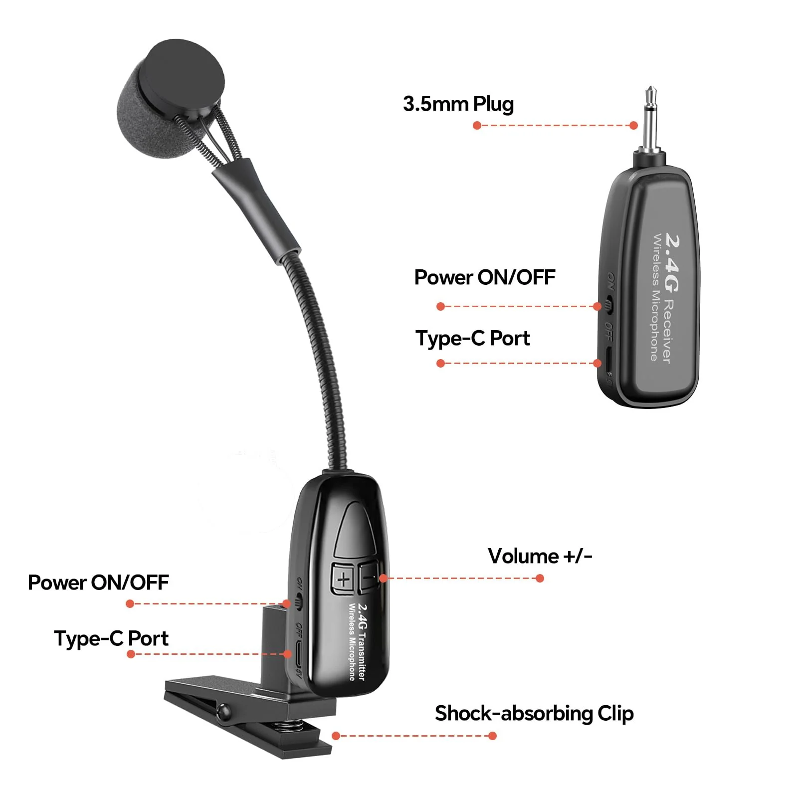 Wireless Saxophone Microphone, 2.4G Clip Instruments Mic, Rechargeable Transmitter and Receiver, 100ft Range, Great for Sax, Trumpet, Tuba, Trombone, Cornet, FrenchHorn - Image 6