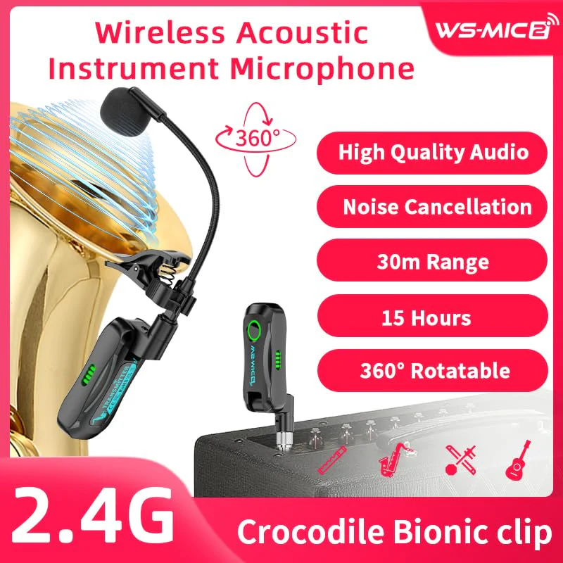 Wireless Saxophone Microphone System, Clip-On Instrument Mic for Saxophone Trumpet Trombone Flute, Unidirectional Gooseneck Pickup, 360° Adjustable Clip, Low Latency Long Battery for Performance - Image 2