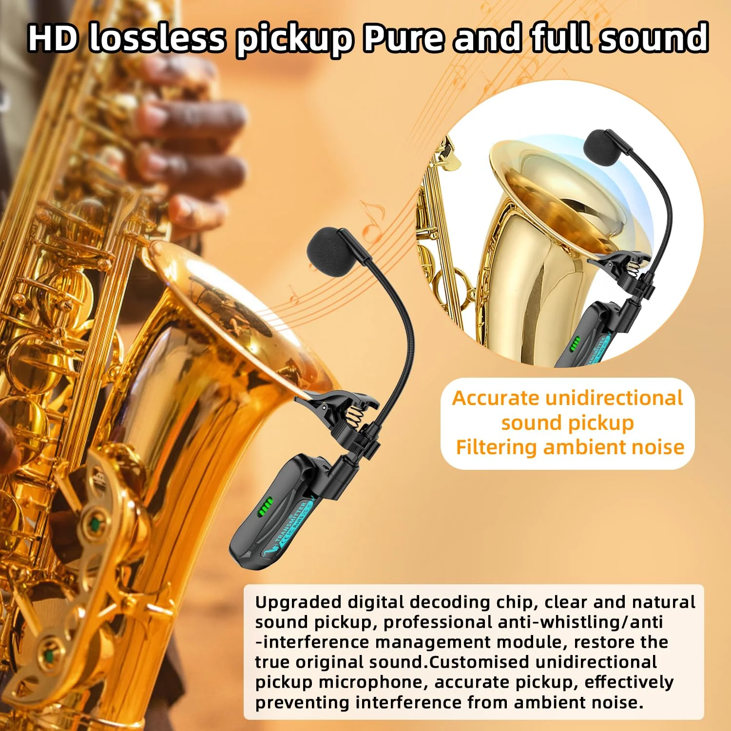 Wireless Saxophone Microphone System, Clip-On Instrument Mic for Saxophone Trumpet Trombone Flute, Unidirectional Gooseneck Pickup, 360° Adjustable Clip, Low Latency Long Battery for Performance - Image 3