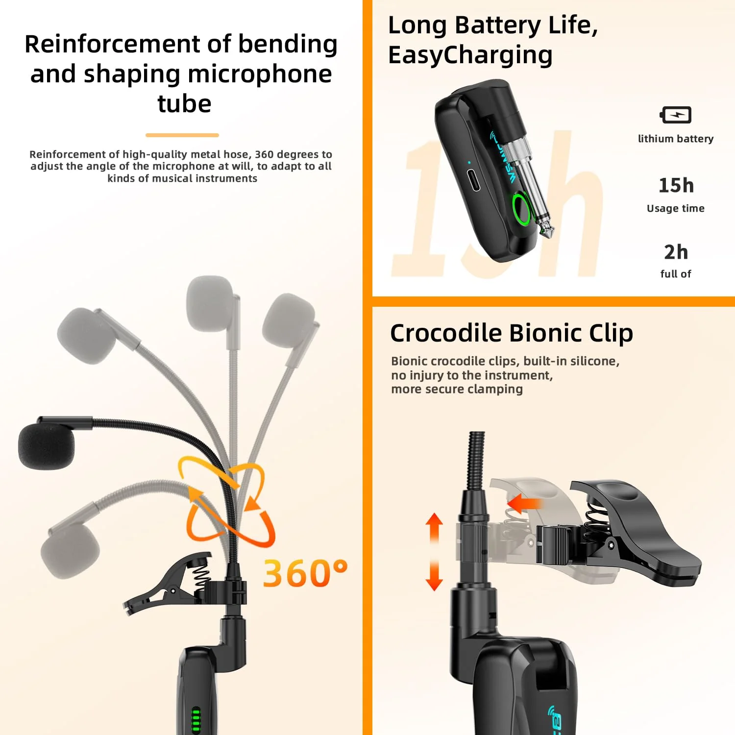 Wireless Saxophone Microphone System, Clip-On Instrument Mic for Saxophone Trumpet Trombone Flute, Unidirectional Gooseneck Pickup, 360° Adjustable Clip, Low Latency Long Battery for Performance - Image 8