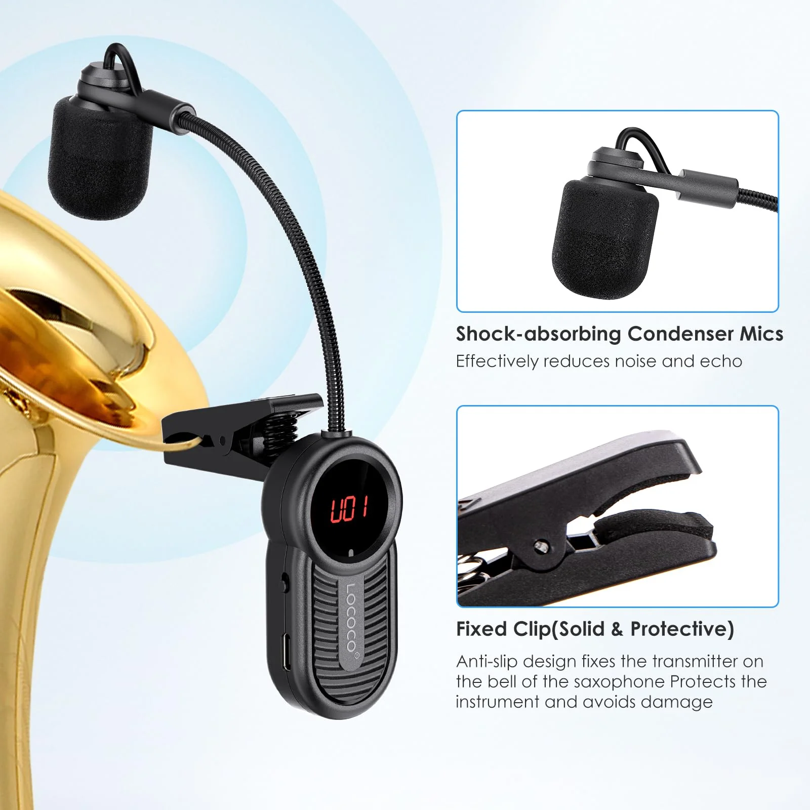 Wireless Saxophone Microphone System for Instruments: UHF Rechargeable Instruments Microphone Receiver and Transmitter - 160ft Range. Plug and Play - Clip-on Mics Suitable for Sax Trumpet, Trombone LG-06 - Image 3