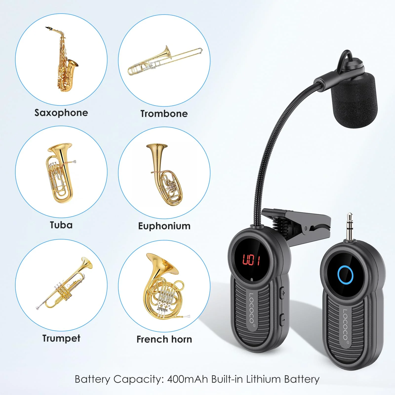 Wireless Saxophone Microphone System for Instruments: UHF Rechargeable Instruments Microphone Receiver and Transmitter - 160ft Range. Plug and Play - Clip-on Mics Suitable for Sax Trumpet, Trombone LG-06 - Image 7