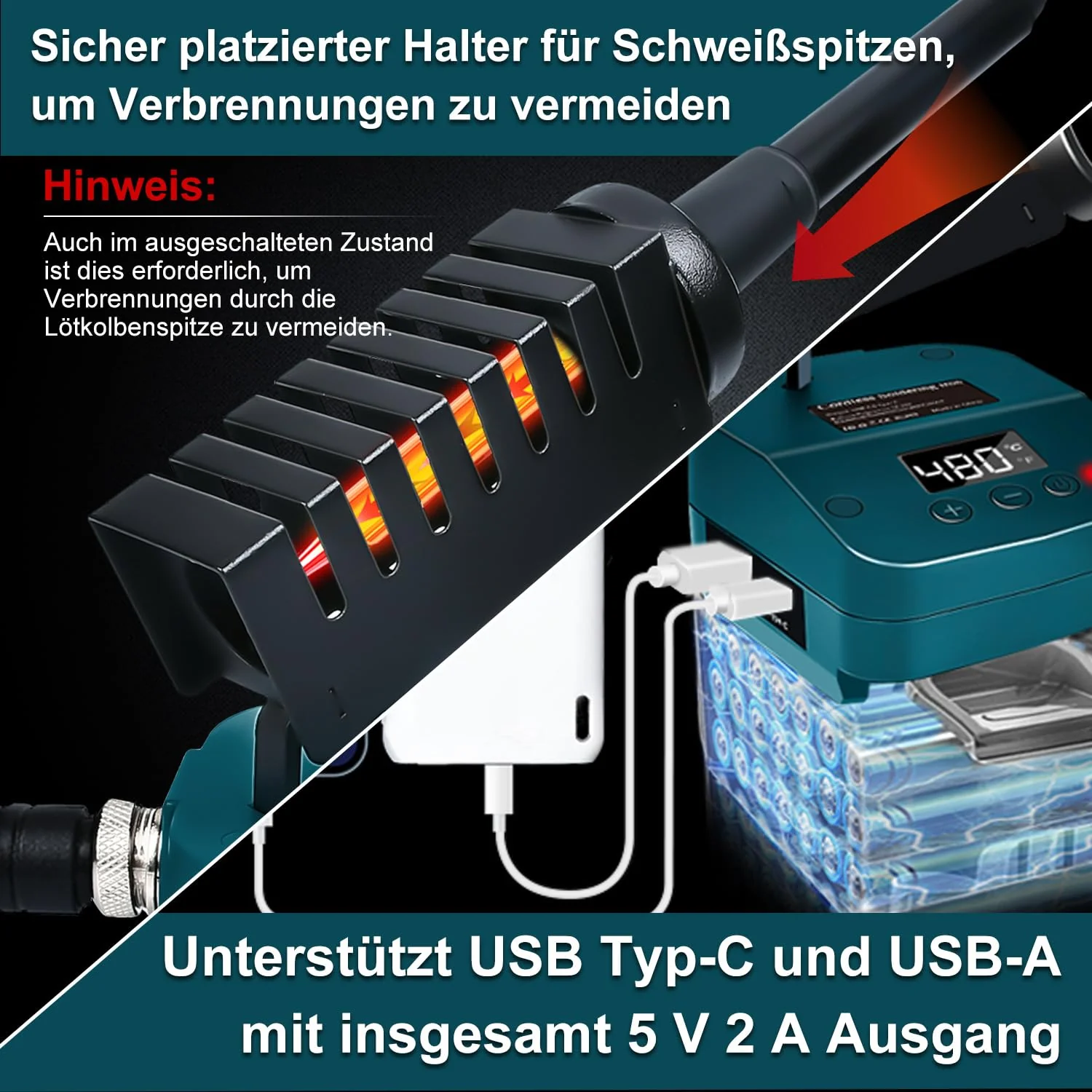 Wireless Soldering Iron for Bosch 18 V GBA/BAT Battery, Fast Heating Soldering Station with LED Digital Display, Mobility Soldering Iron with USB & Type-C for DIY, Device Repair, Wire Welding (Without Green - Image 6