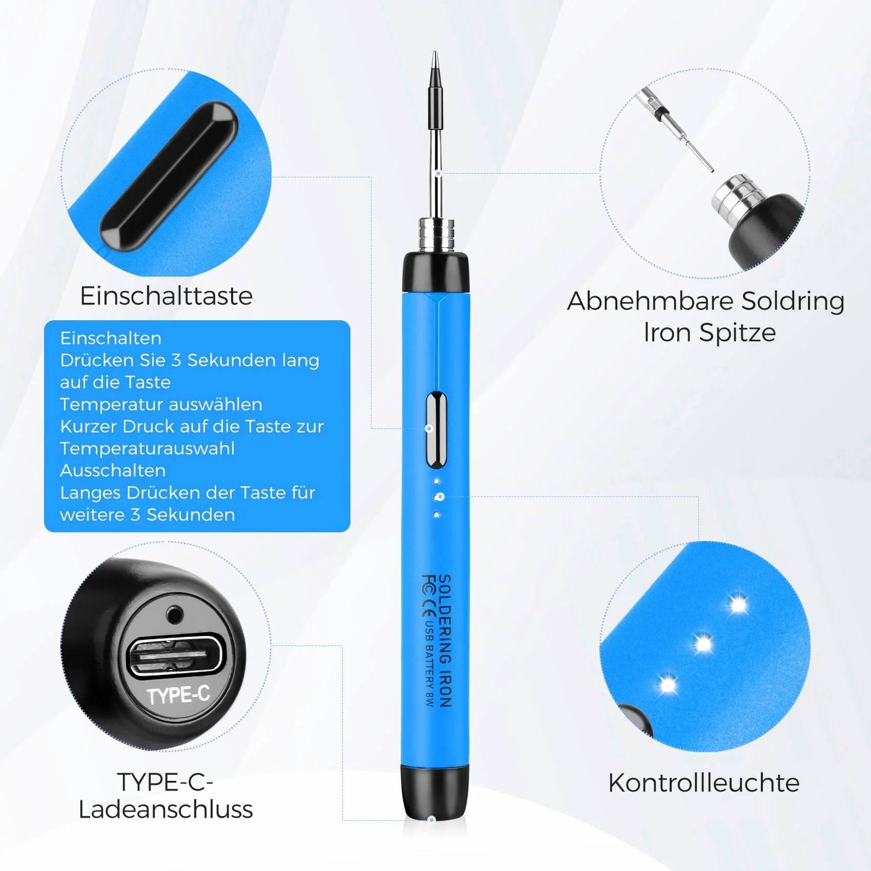 Wireless Soldering Iron Set - USB Soldering Iron with 3 Temperature Adjustable 300°C - 450°C, 3 Soldering Tips, Soldering Iron Stand, Soldering Wire, Soldering Paste, KKMOL Soldering Set for Repair of Blue - Image 2