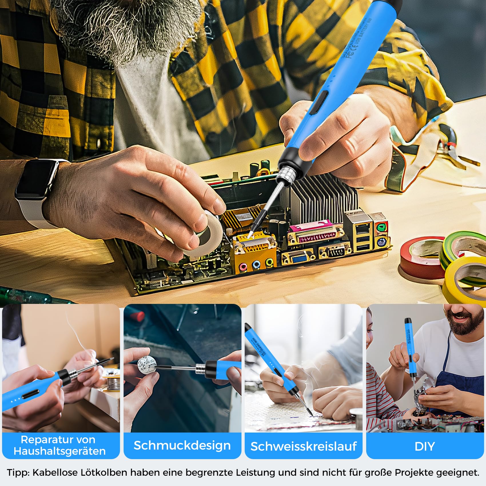 Wireless Soldering Iron Set - USB Soldering Iron with 3 Temperature Adjustable 300°C - 450°C, 3 Soldering Tips, Soldering Iron Stand, Soldering Wire, Soldering Paste, KKMOL Soldering Set for Repair of Blue - Image 8