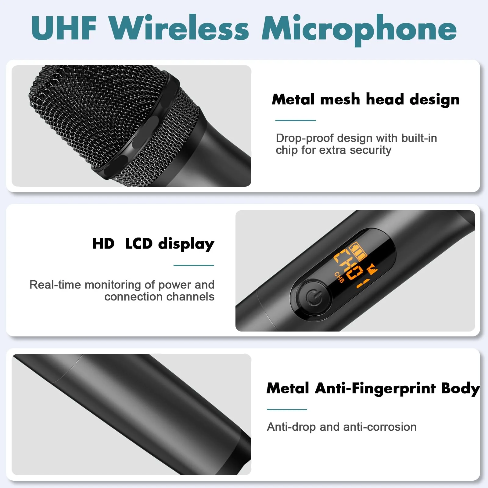Wireless Two Microphone System with Dual-Channel Receiver, Professional UHF Metal Dual Handheld Cordless Dynamic Mic, 160 ft Range, Microphone for Karaoke, Party Singing, Lecture, DJ, Wedding - Image 3