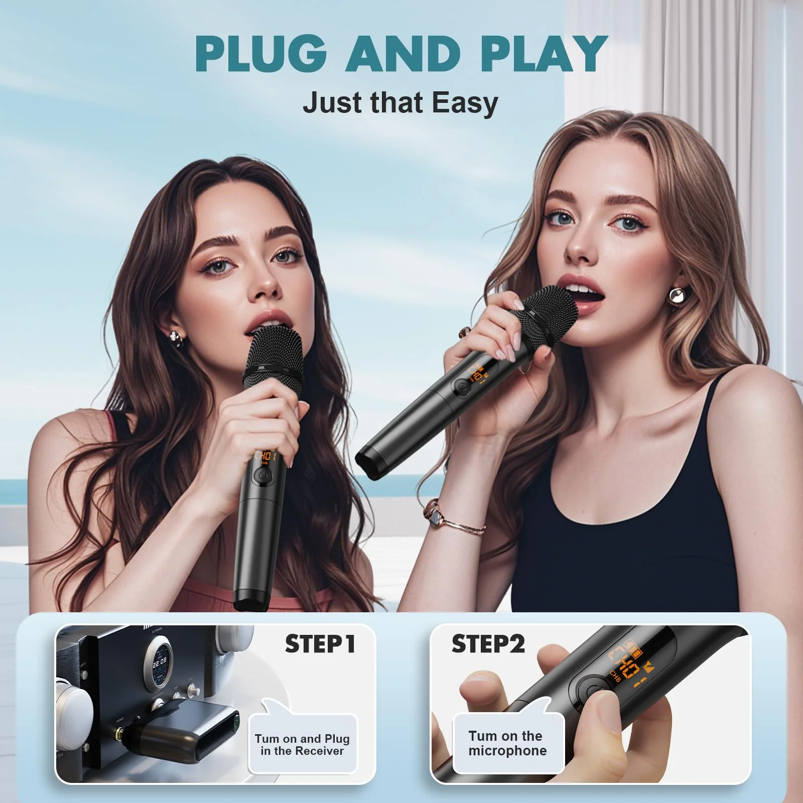 Wireless Two Microphone System with Dual-Channel Receiver, Professional UHF Metal Dual Handheld Cordless Dynamic Mic, 160 ft Range, Microphone for Karaoke, Party Singing, Lecture, DJ, Wedding - Image 5