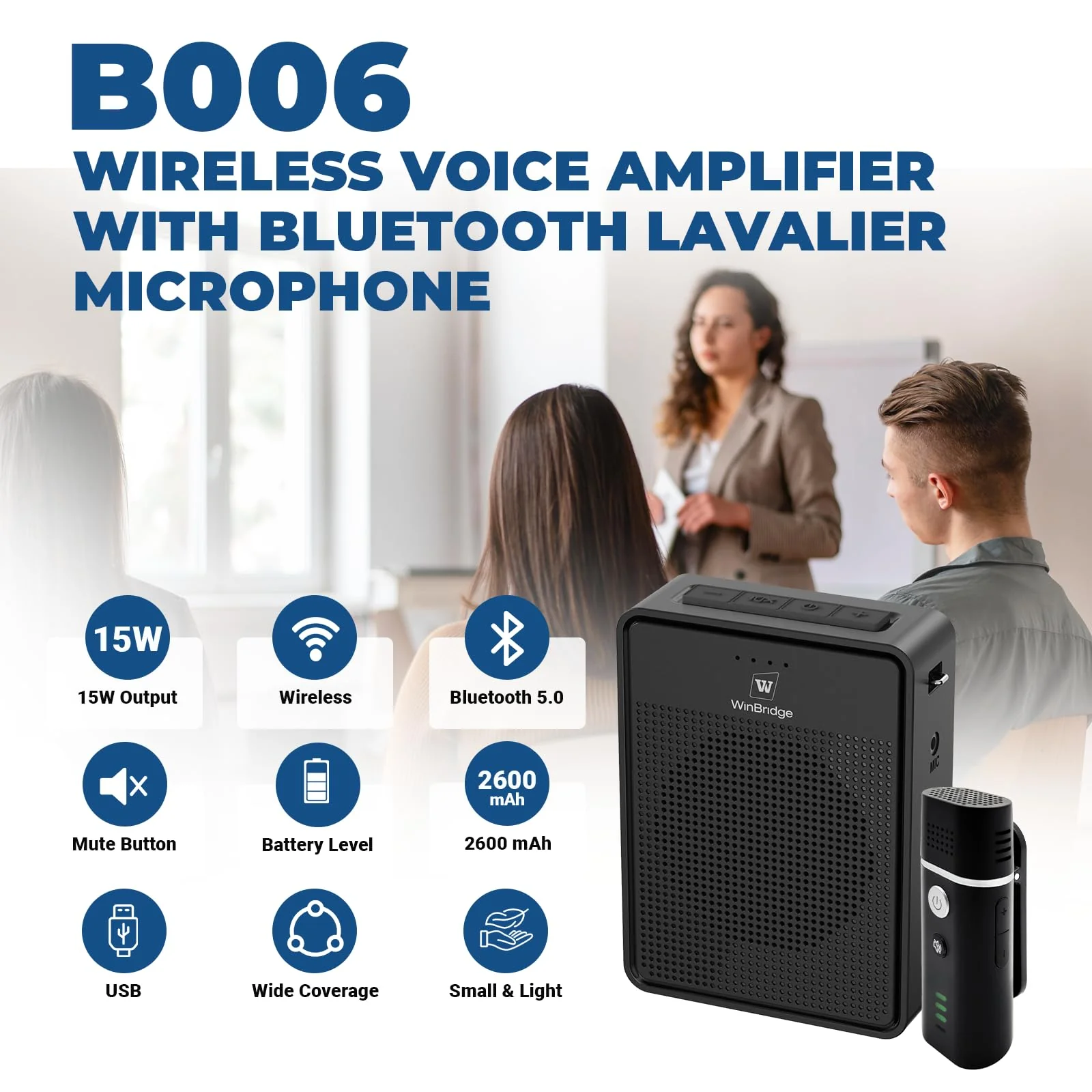 Wireless Voice Amplifier with Bluetooth Lavalier Microphone, Professional Noise Reduction Portable Microphone with Speaker, Mini Megaphone with Clip on/Lapel Mic for Teachers Classroom Tour Guide B006 - Image 2