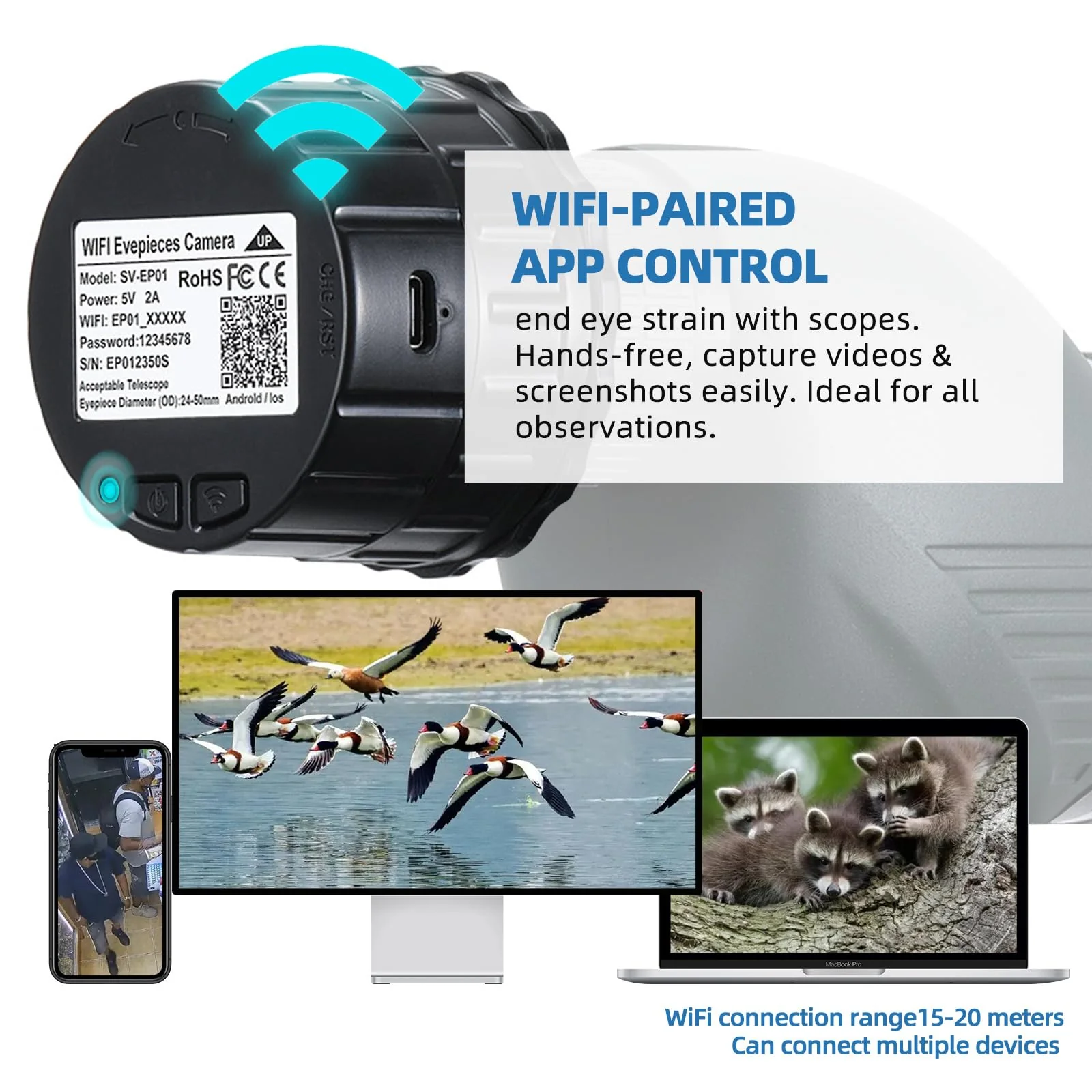 Wireless WiFi Electronic Eyepiece Telescope Eyepiece Camera 32GB Video Recording Digital Telescope Camera Electronic Eyepiece, Telescope Accessories for 24mm-50mm Optical Telescopes and Microscope - Image 3
